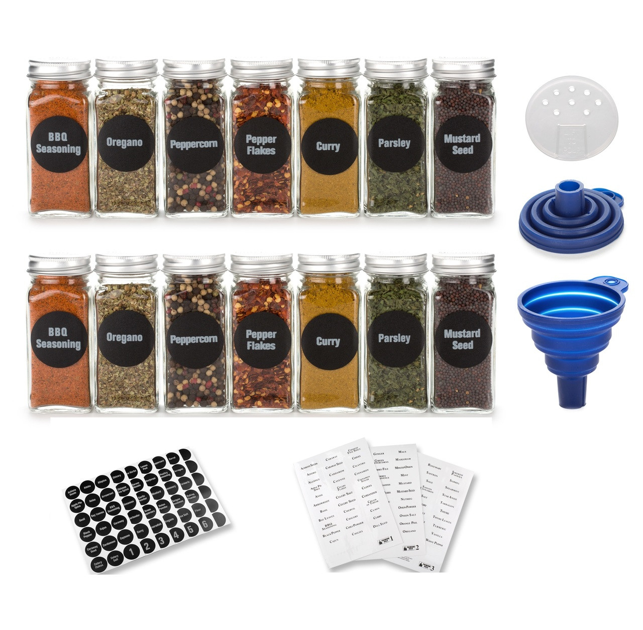 25 Glass Spice Jars with 396 Spice Labels, Chalk Marker and Funnel Complete  Set. 25 Square Glass Jars 4OZ, Airtight Cap, Pour/sift Shaker Lid