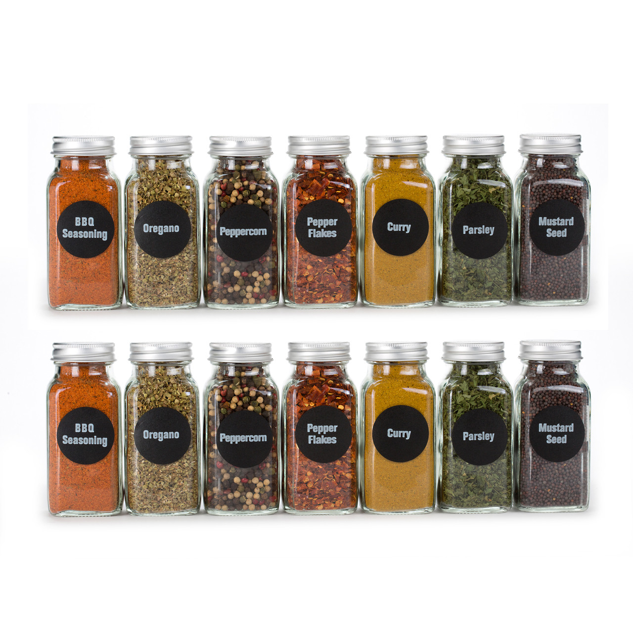 14 Glass Spice Jars w/2 Types of Preprinted Spice Labels