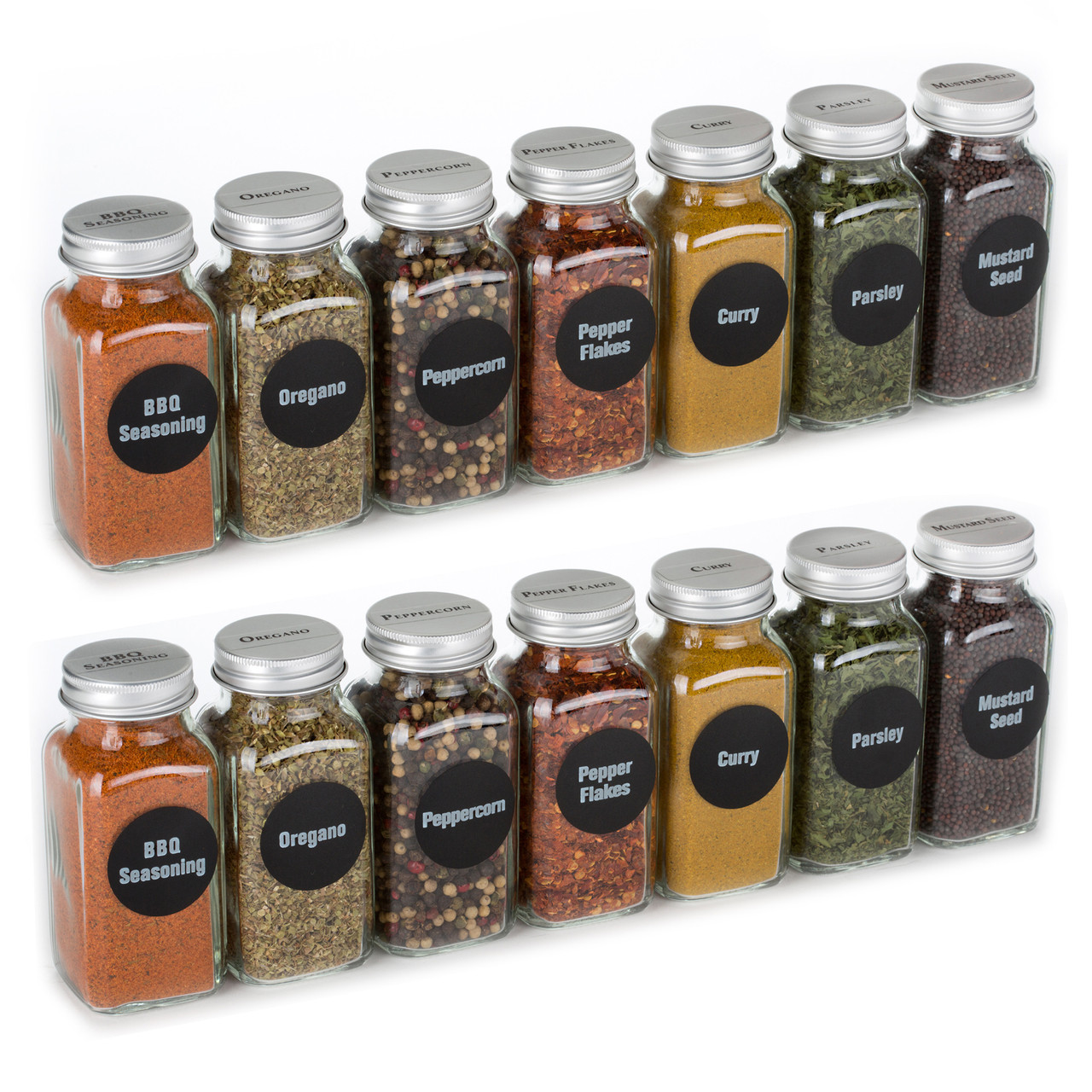 6oz, BEST VALUE 14 Glass Spice Jars includes pre-printed Spice Labels. 14  Square Empty Jars, Airtight Cap, Chalkboard & Clear Label, kitchen Funnel