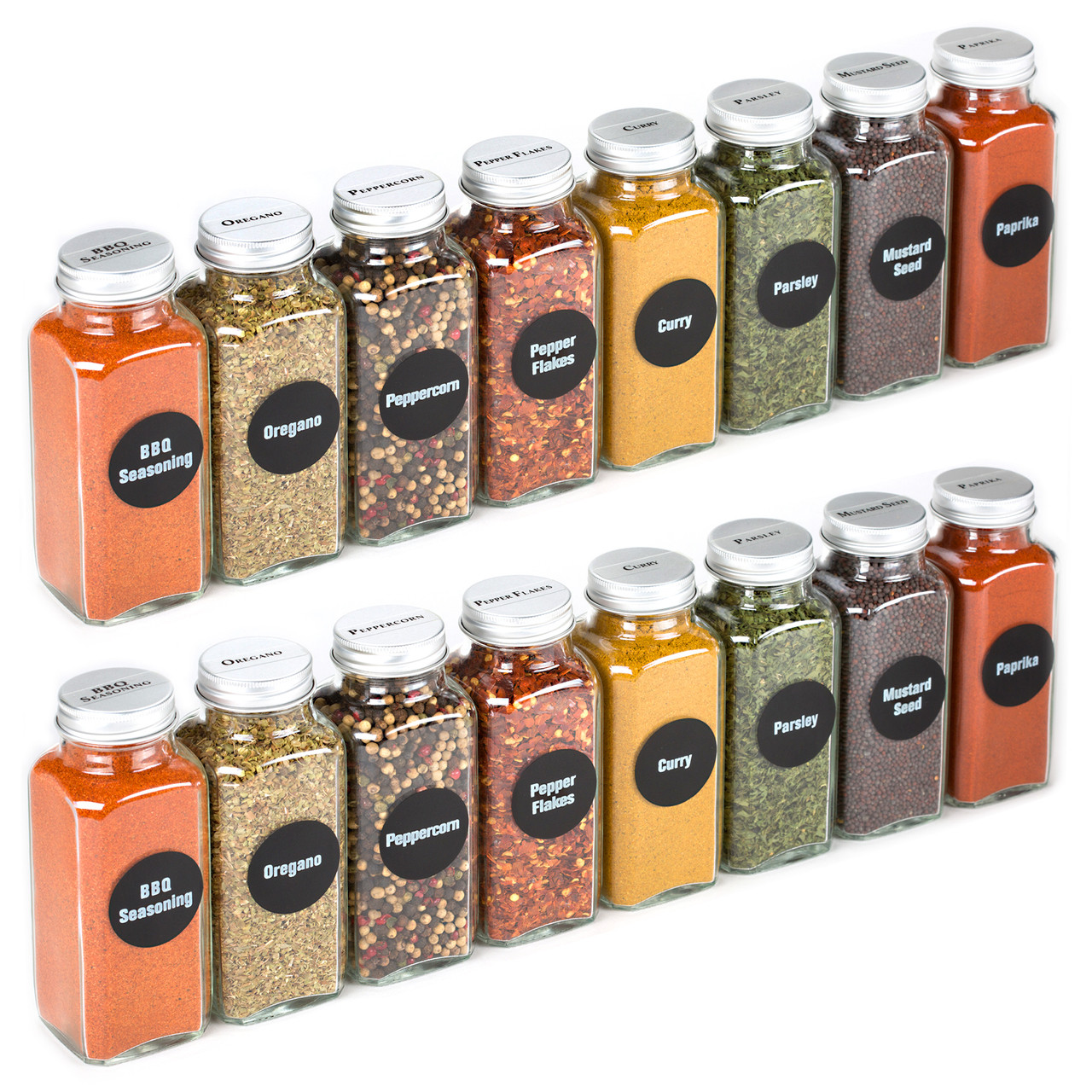 8oz, BEST VALUE 8 Glass Spice Jars includes pre-printed Spice Labels. 8  Square Empty Jars, Airtight Cap, Chalkboard & Clear Label, kitchen Funnel