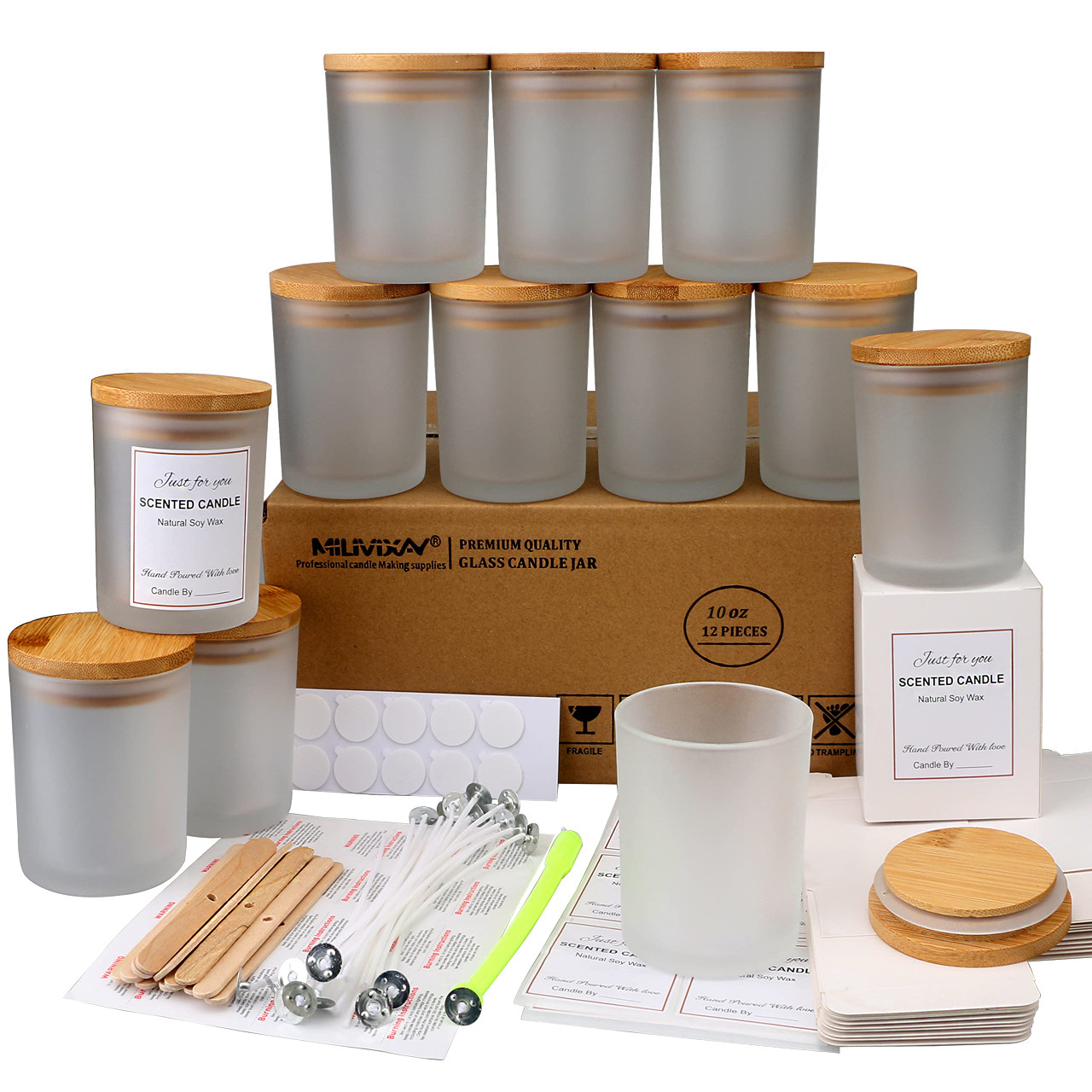 MILIVIXAY 12 Pack 10 oz Frosted Glass Candle Jars with Lids and Candle ...