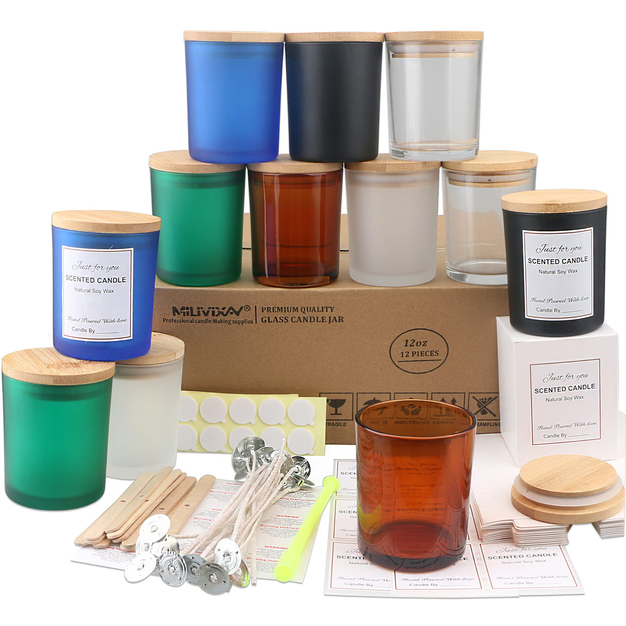 MILIVIXAY 12 Pack 12 OZ Multicolored Glass Candle Jars with Lids and ...
