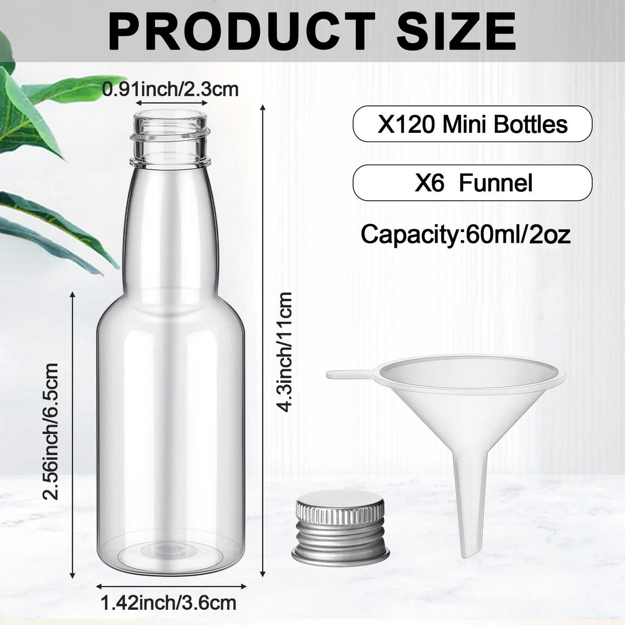 120 Pcs Mini Liquor Bottles, Plastic Spirit Bottle, 2 oz Mini