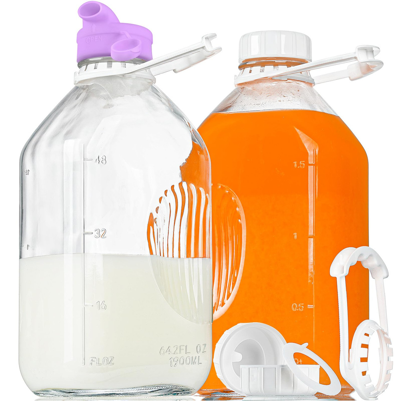 2 Pack 64 oz Heavy Duty Glass Milk Bottle with Dispenser Cap and Reusable Air