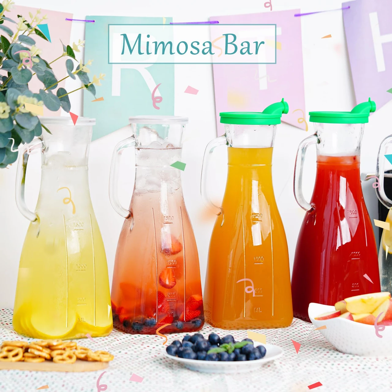 Glass Carafe with Lid and Handle, Mimosa Bar Supplies, 2 Quart Glass Pitcher with Silicone Pour Spout for Juice, Wine, Beverage, Iced Coffee, 64 oz
