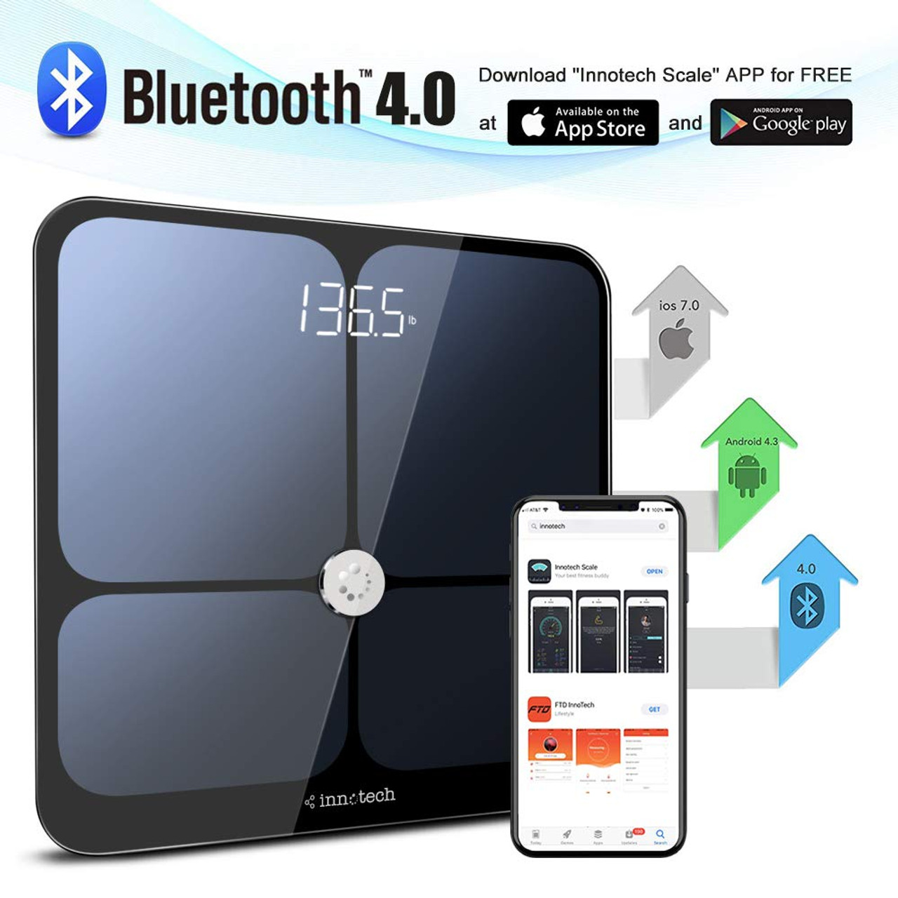 Toyuugo Bluetooth Body Fat Bathroom Scale,Scales Digital Weight,Weight Scale ,Body Composition Analyzer Wireless BMI with Smart Phone App Scales,396  Pounds / 180kg Max (Black)