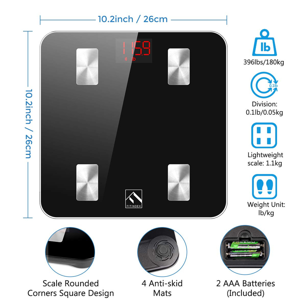 FITINDEX Smart Body Fat Scale with App BMI Weight Scale for Bathroom