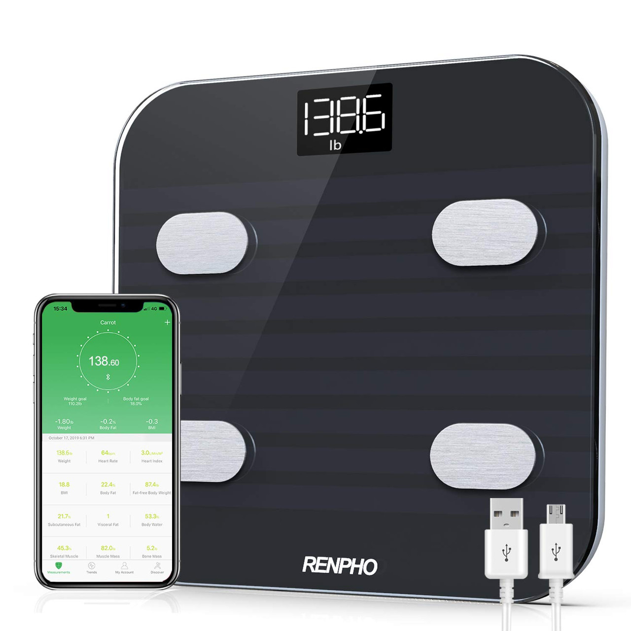 RENPHO Digital Body Weight Scale, Body Composition Monitor Health Analyzer  with Smartphone App, White 