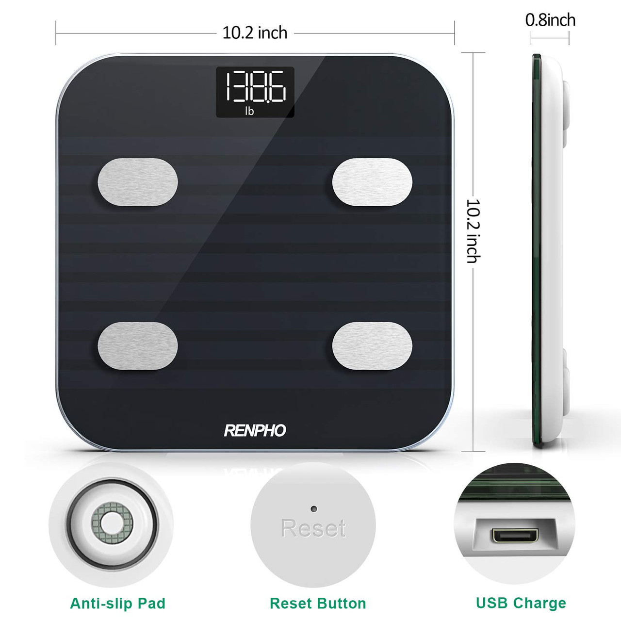 RENPHO USB Rechargeable Smart Scale for Weight & Body Fat, Black, 396 lbs, Size: 11 x 11 x 1