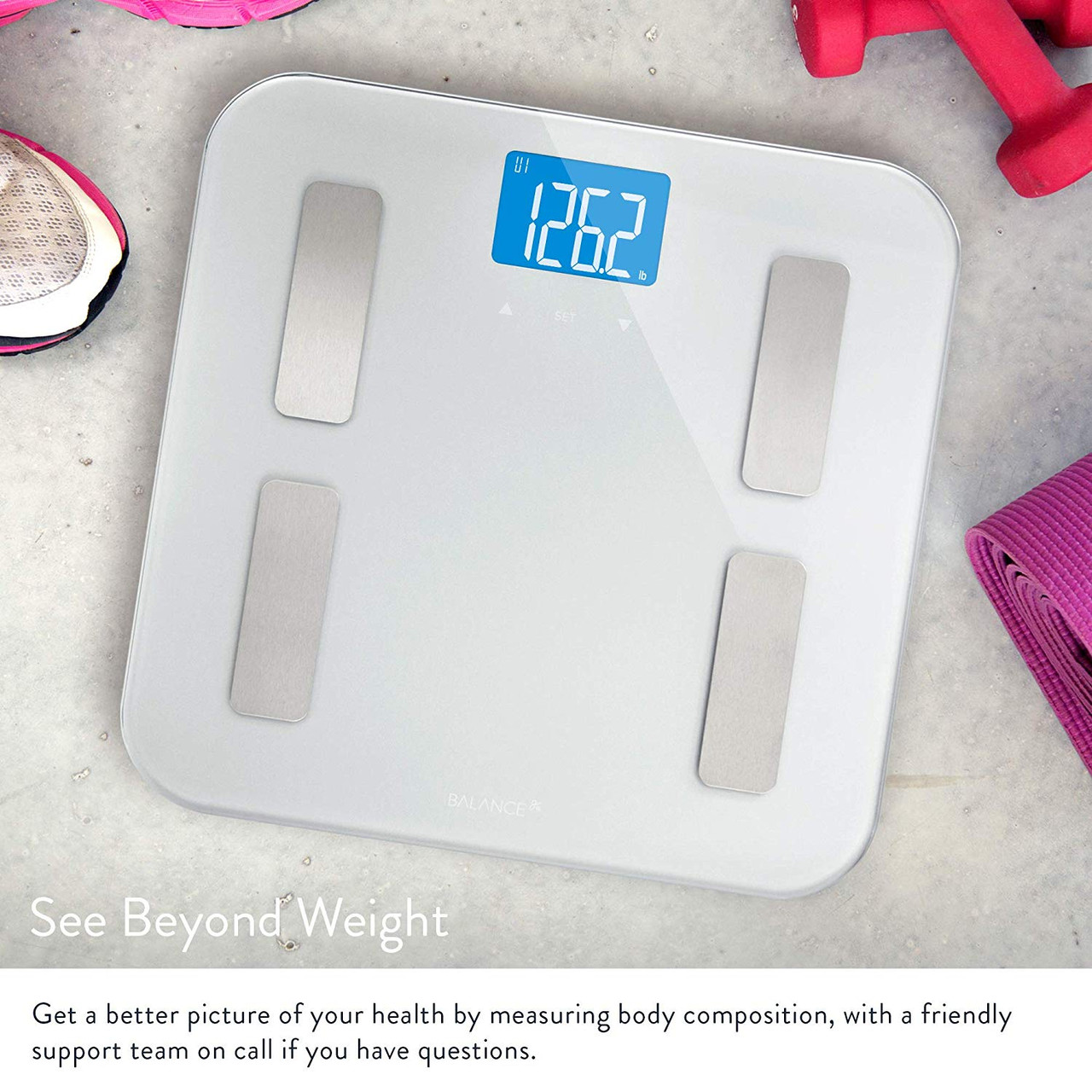 Digital Body Fat Weight Scale by Balance, Accurate Health Metrics, Body Composition & Weight Measurements, Glass Top, with Large Backlit Display