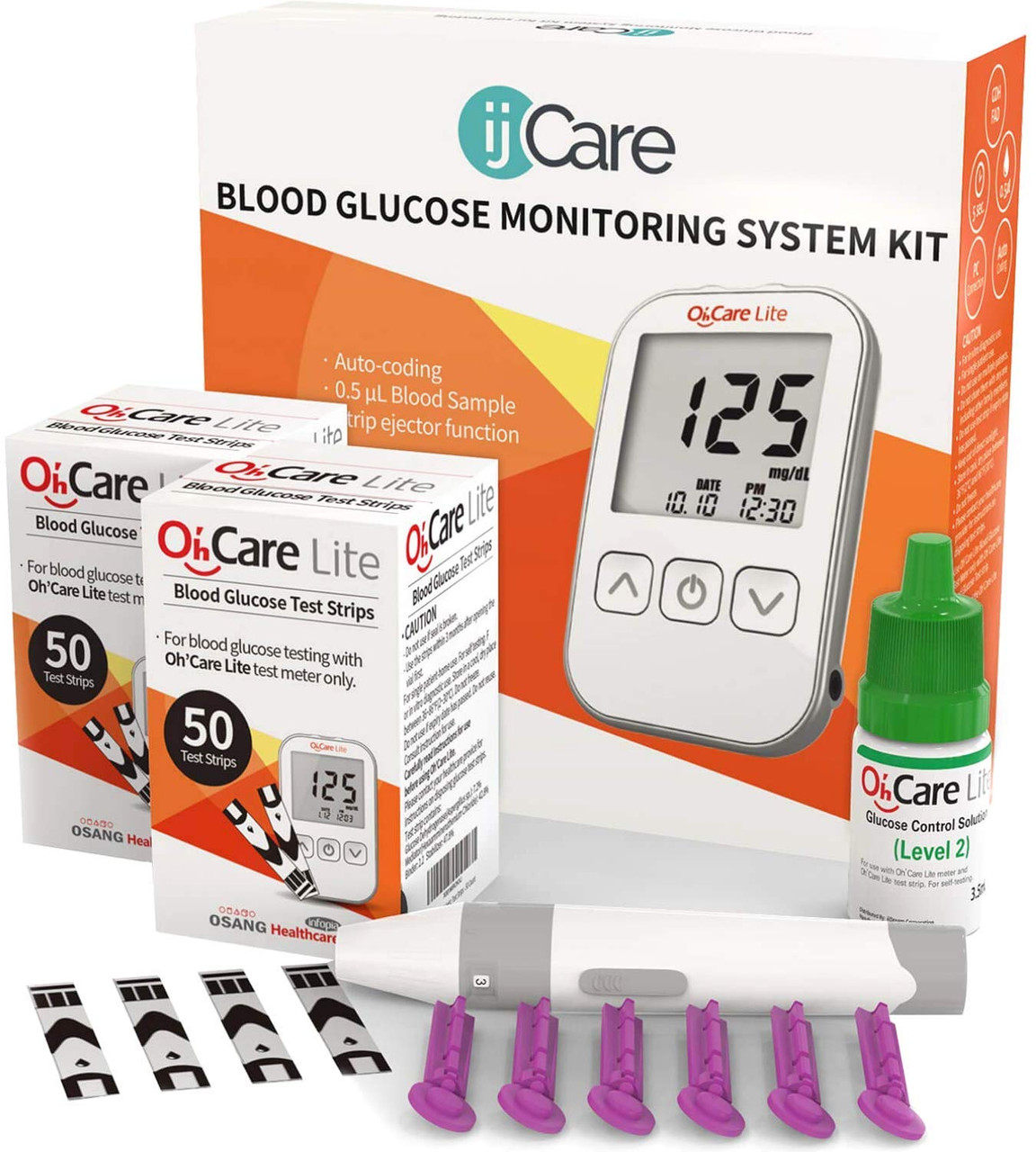 Care Lite Blood Glucose Monitor Kit With Control Solution Blood Glucose  Meter with Strips(110EA), Lancets(125EA), Lancing Device, Log, and Case -  One Touch Eject Glucometer-Diabetes MonitoringKit