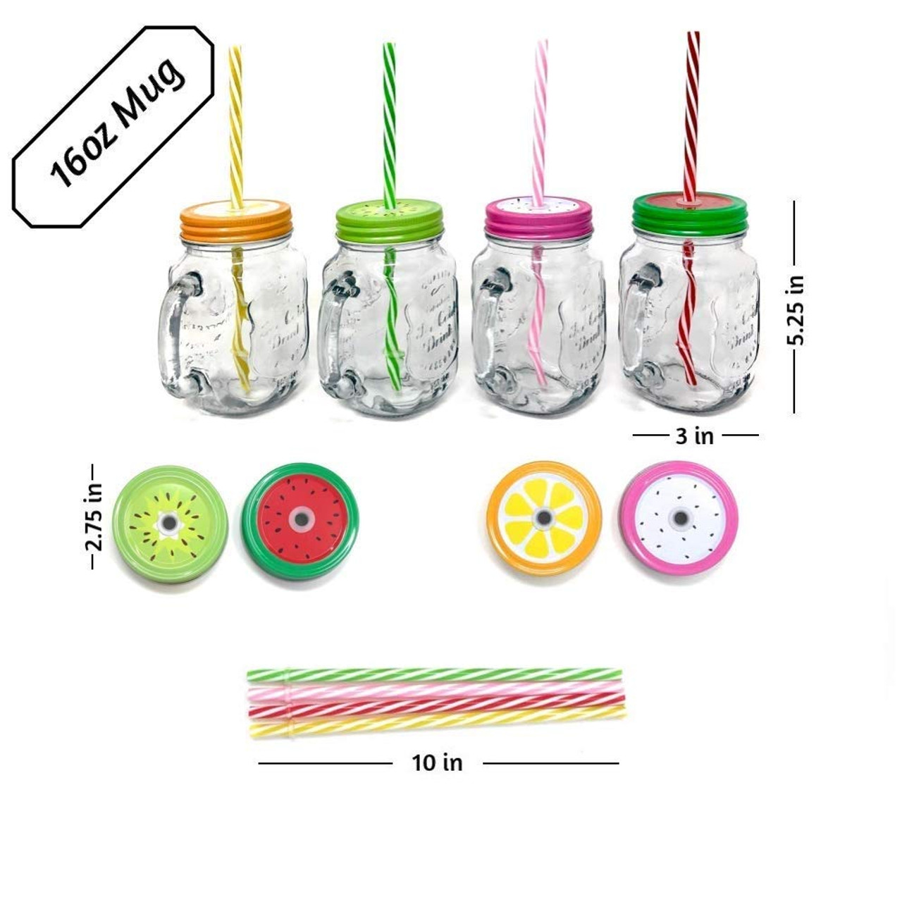 4 Pack x 16 oz Mason Jar Mugs with Handles, Lids, Reusable Straws with  Fruit Patterned Stainless Steel Lids and Straws