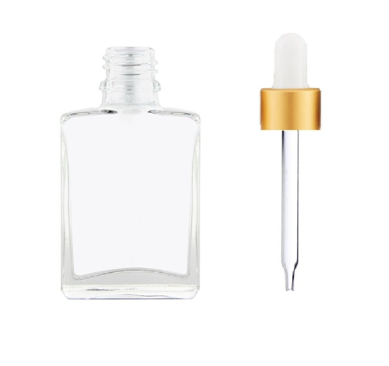 1 oz Clear Square Temper Evident Glass Bottle w/ 18-415 White-Gold
