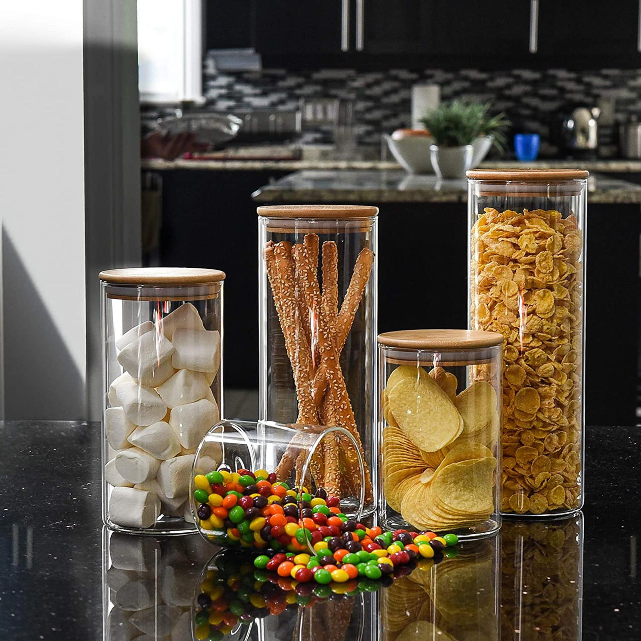 Glass container with dividers and bamboo lid