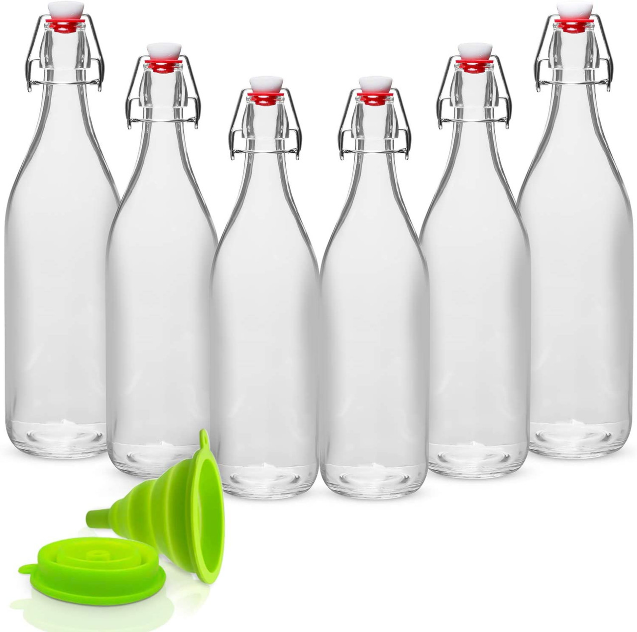 6 Pack 33 oz. Round Glass Bottles with Swing Top Stoppers, Bottle Brus