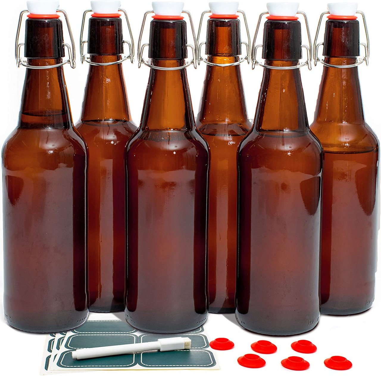 Otis Classic Swing Top Glass Bottles - Set of 6, 16oz w/Marker & Labels -  Clear Bottle with Caps for Juice, Water, Kombucha, Wine, Beer Brewing,  Kefir