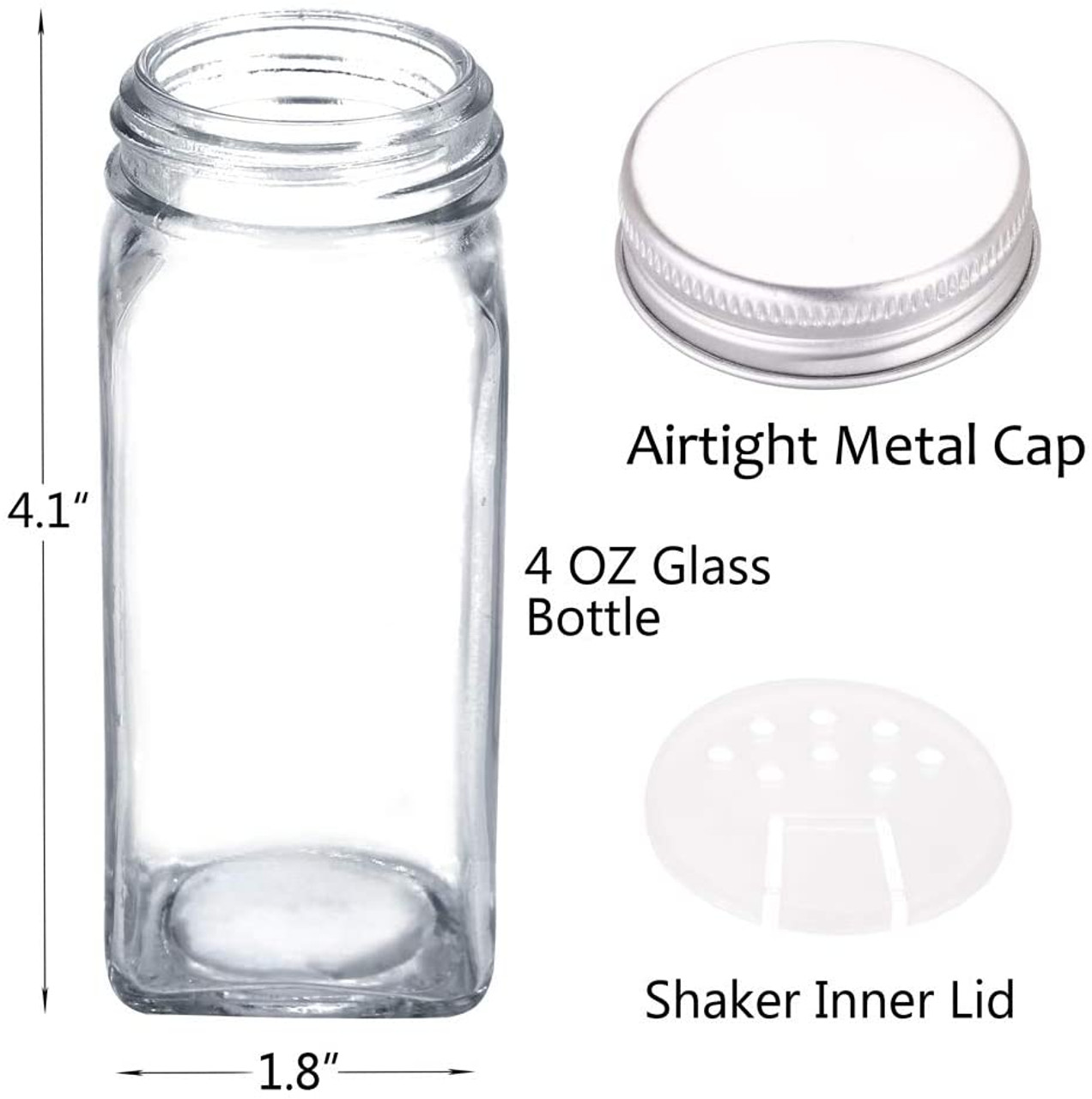 4 oz Spice Jar Square Glass with Shaker Fitment and White Lid