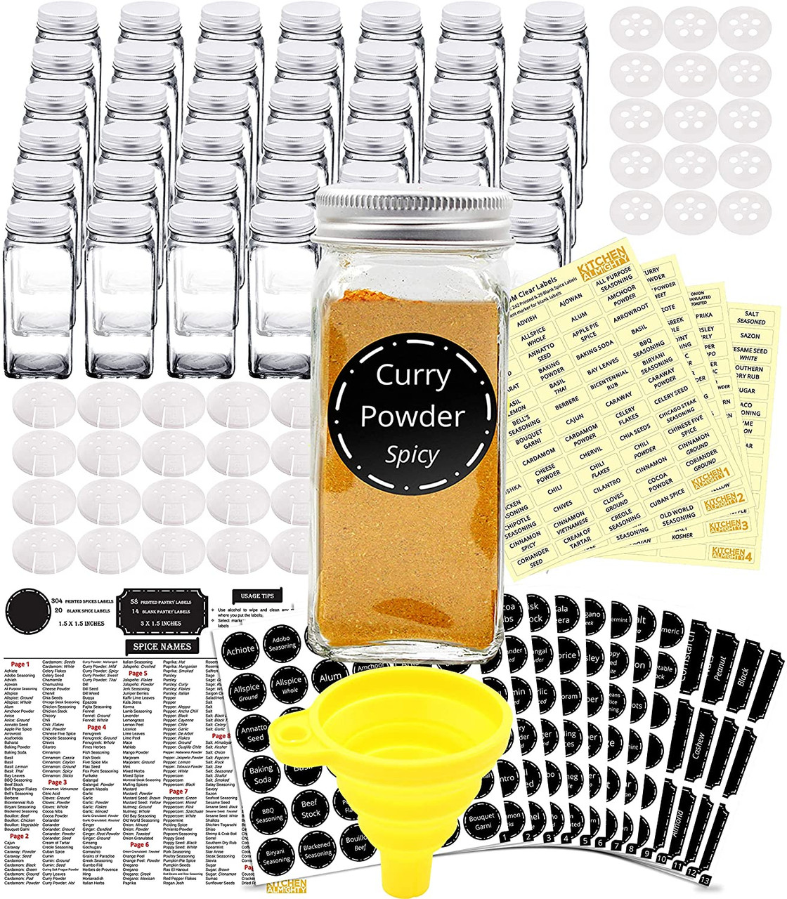 Premium Vials, 4oz, BEST VALUE 14 Glass Spice Jars includes pre-printed  Spice Labels. 14 Square Empty Jars, Airtight Cap, Chalkboard & Clear Label,  kitchen Funnel Pour/Sift Shakers