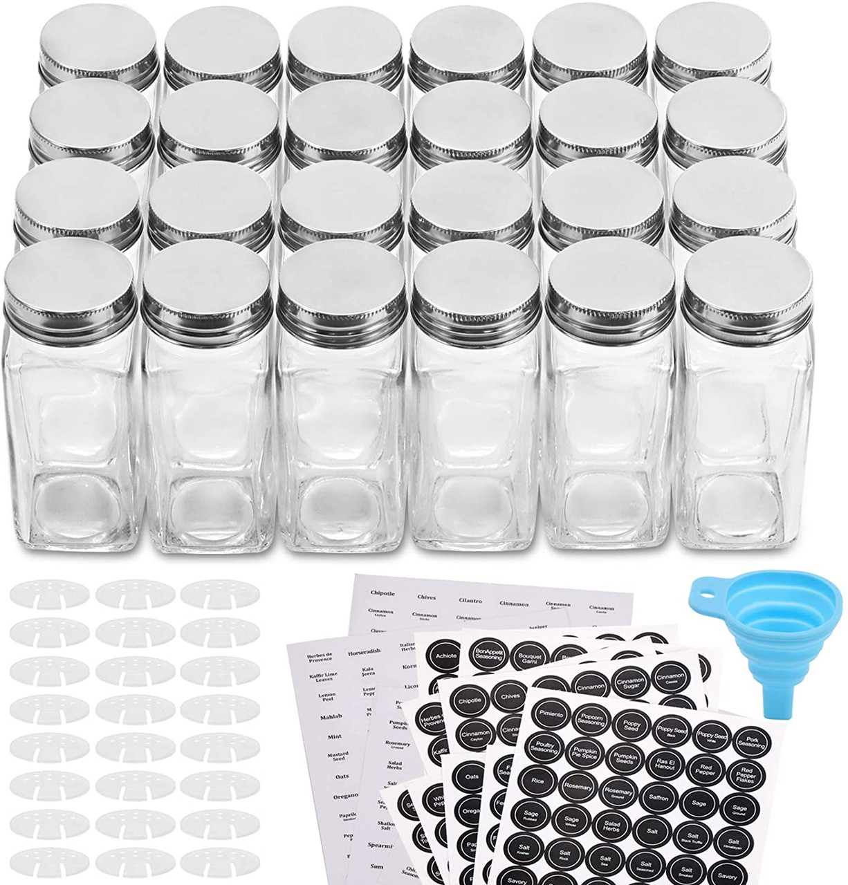 24 Pcs Glass Spice Jars Bottles 4oz Empty Square Spice Containers with 612 Spice Labels Shaker Lids and Airtight Metal Caps Silicone Collapsible