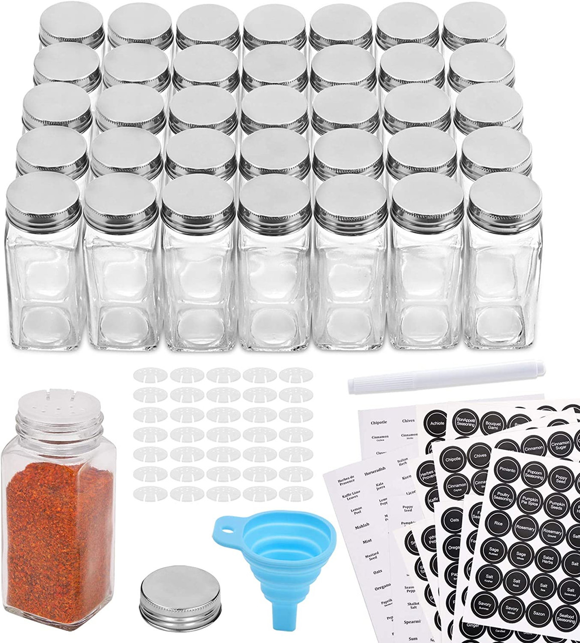 36 Pcs Glass Spice Jars with 810 Spice Labels 4oz Empty Square Spice Bottles Shaker Lids and Airtight Metal Caps Chalk Marker and Silicone