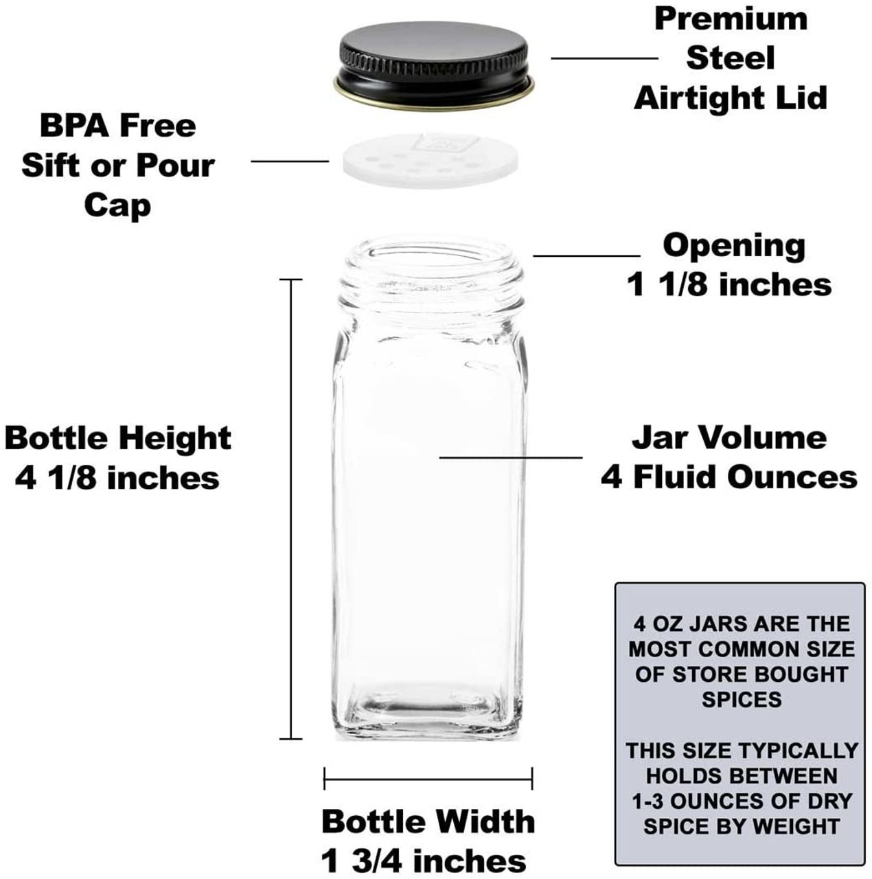 Premium Spice Jar Set 12 Square Glass 4 oz Spice Bottles 72