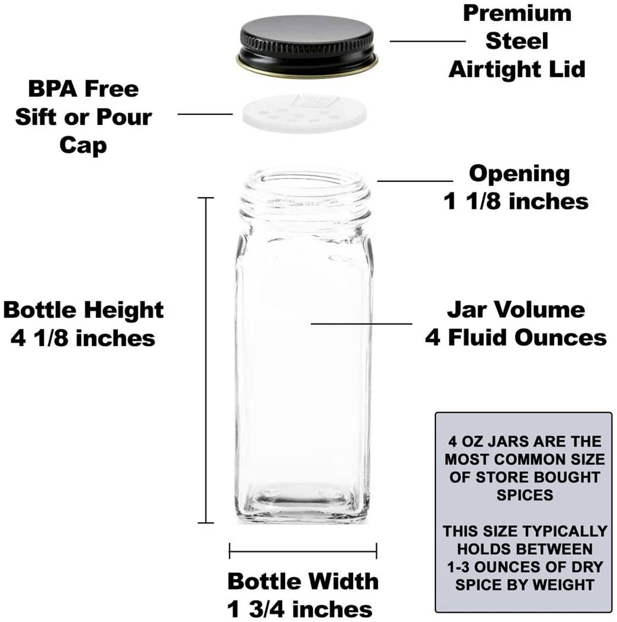 4 oz Square Clear Glass Spice Jar - Case of 12