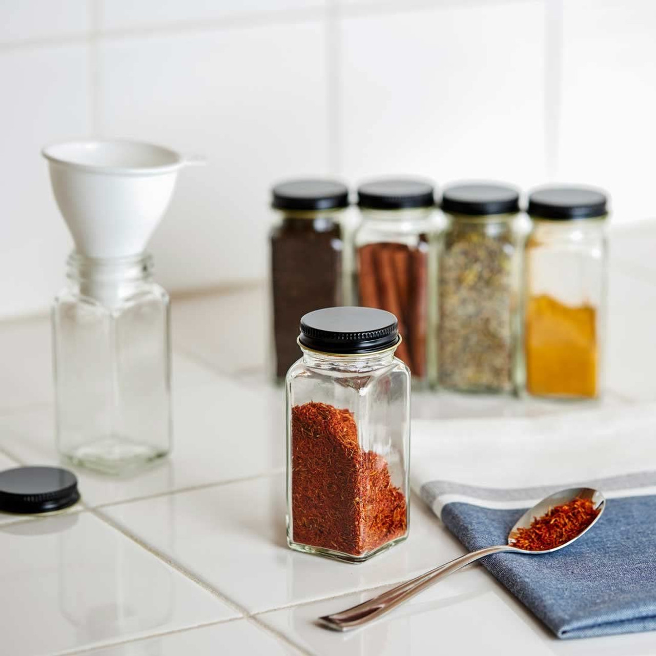Premium Spice Jar Set -12 Square Glass 4 oz Spice Bottles, 72 Deluxe  Labels, 12 Shaker Tops, Black Enameled Steel Caps and No Clog Wide Spice  Funnel