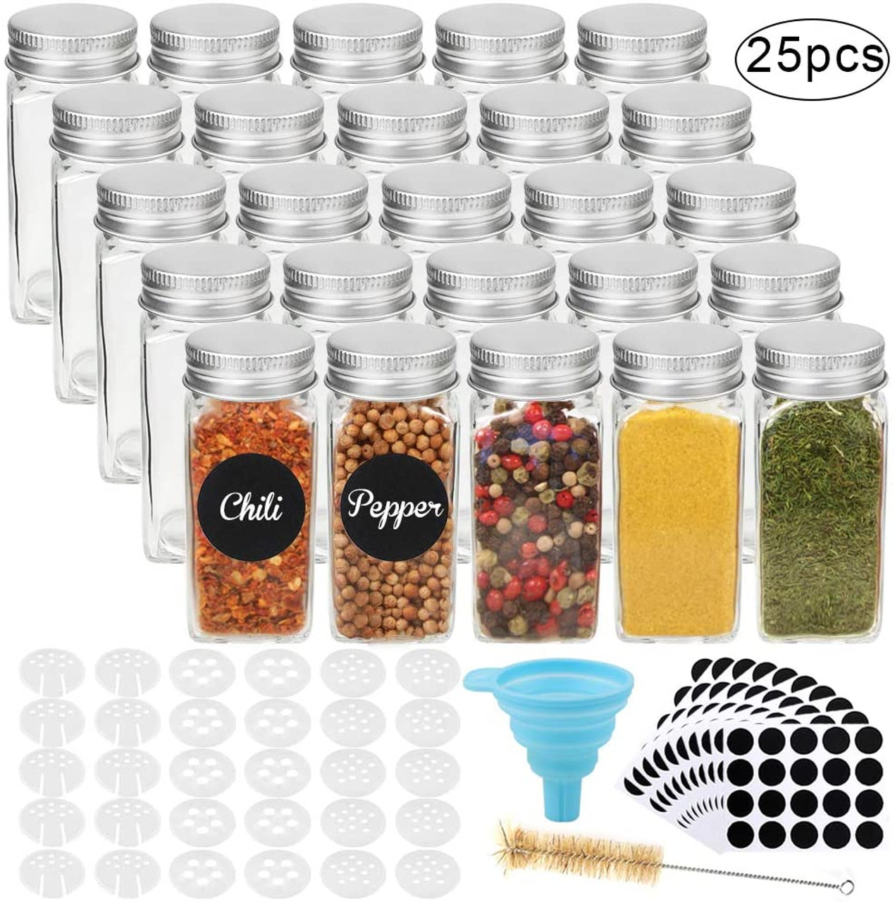 25pcs 4oz Glass Spice Jars Square Empty Spice Containers with 30pcs Shaker Lids 200pcs Blank Round Waterproof Labels 1pcs Silicone Collapsible Funnel