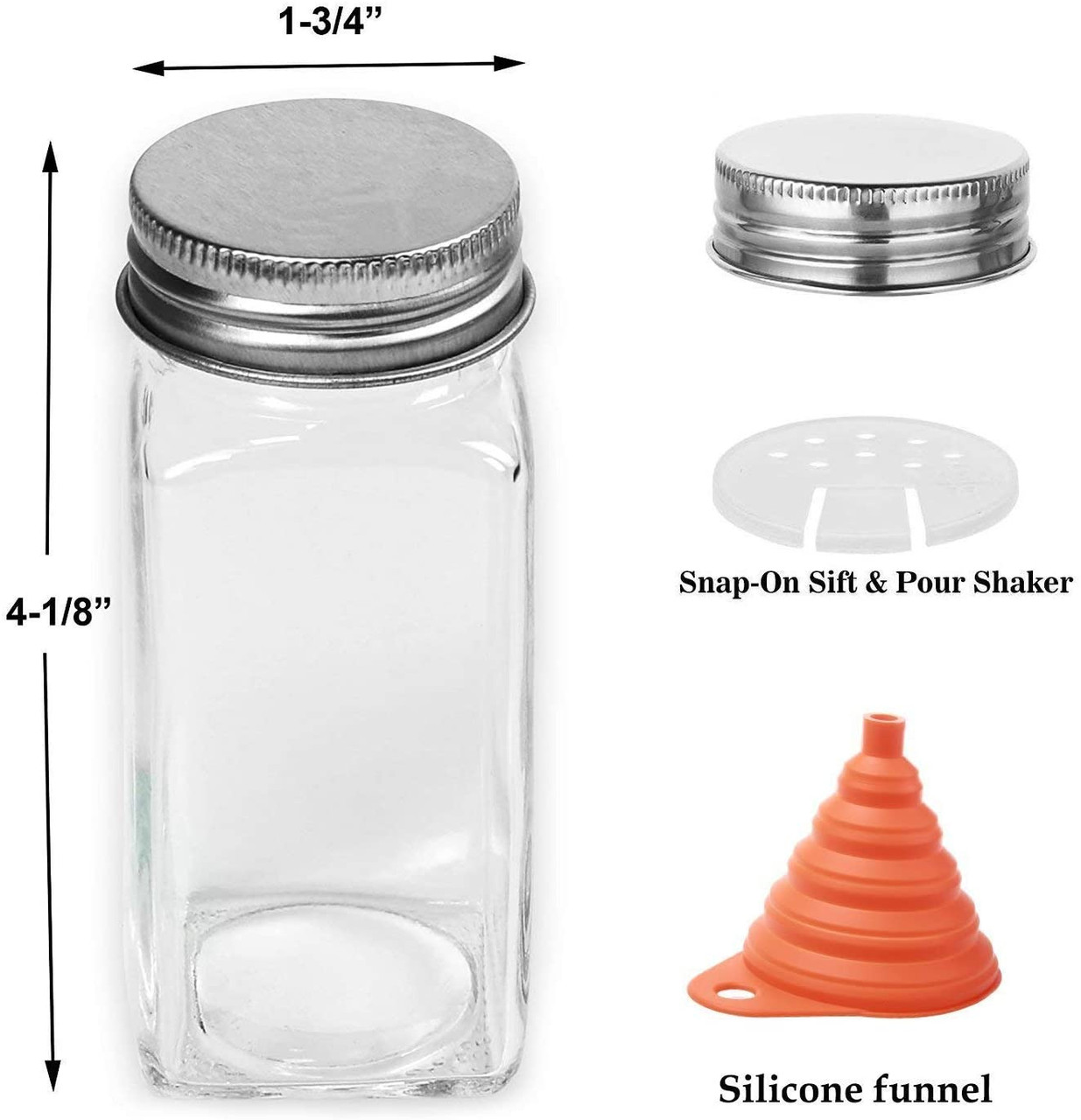 8oz, BEST VALUE 8 Glass Spice Jars includes pre-printed Spice Labels. 8  Square Empty Jars, Airtight Cap, Chalkboard & Clear Label, kitchen Funnel