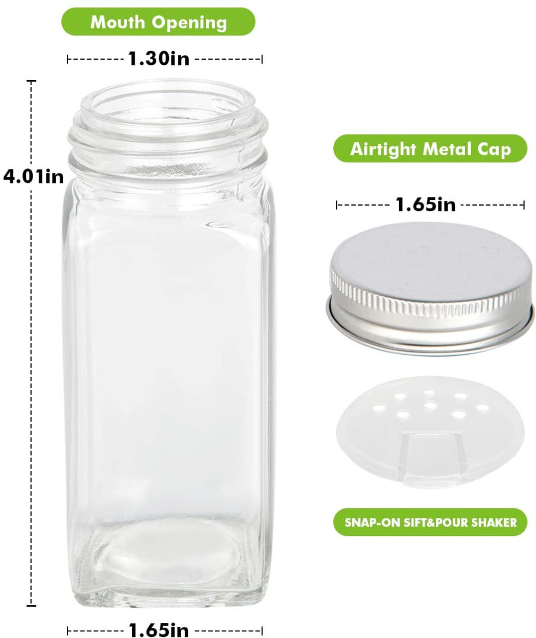 CycleMore 48 Pack 4oz Glass Spice Jars Bottles, Square Spice Containers  with Silver Metal Caps and Pour/Sift Shaker Lid-80pcs Black Labels,1pcs