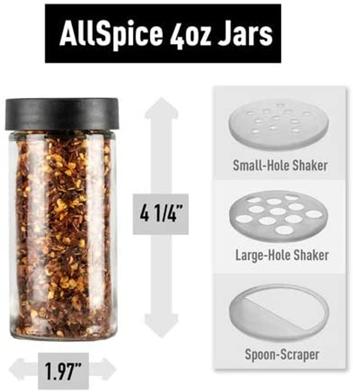 All Spice 4 Ounce Glass Spice Jars with Black Plastic Lids and 3 Styles of  Shaker Tops- 6 Pack