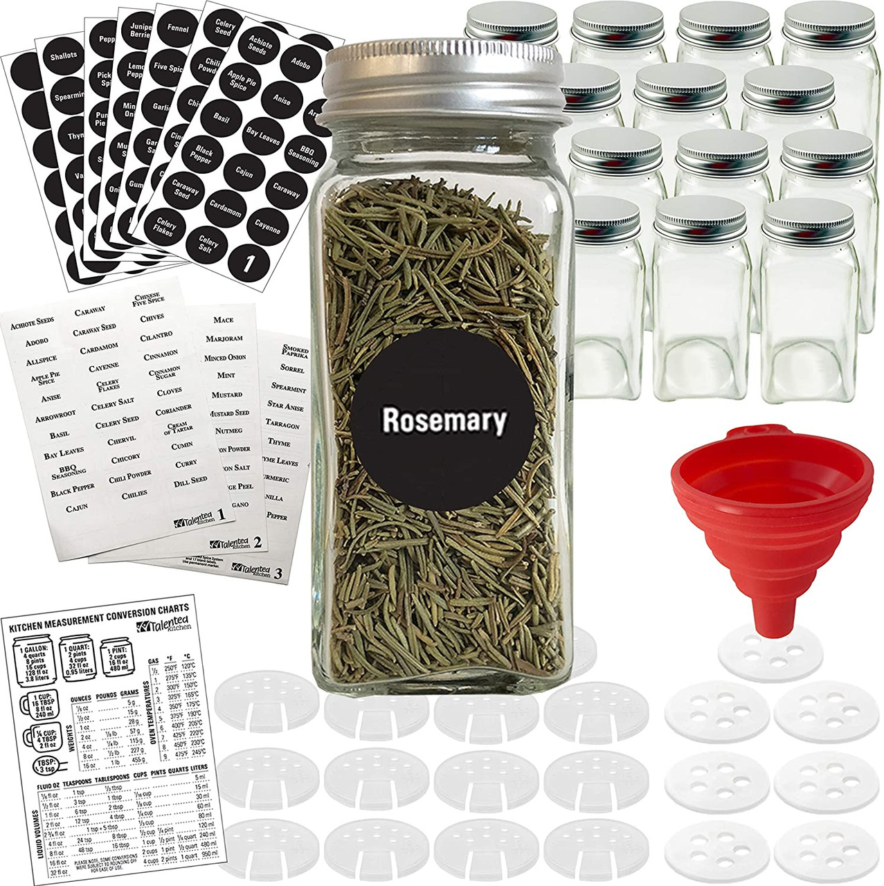 14 Glass Spice Jars w 2 Types of Preprinted Spice Labels