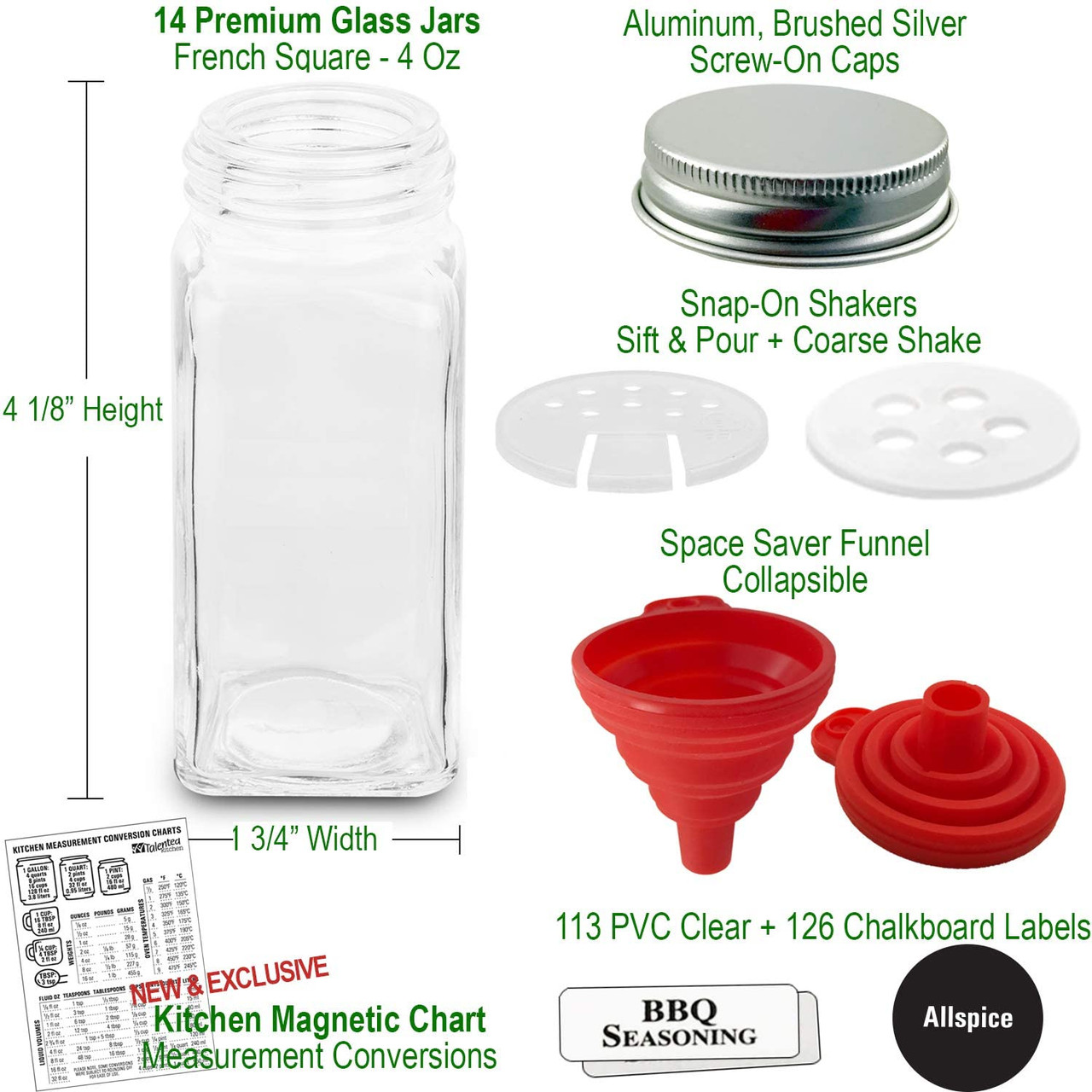 14 Glass Spice Jars w 2 Types of Preprinted Spice Labels. Commercial Grade Complete Set 14 Square Empty Jars 4oz Pour Sift Coarse Shakers