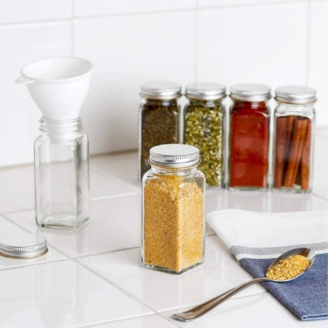 Premium Spice Jar Set -12 Square Glass 4 oz Spice Bottles, 72