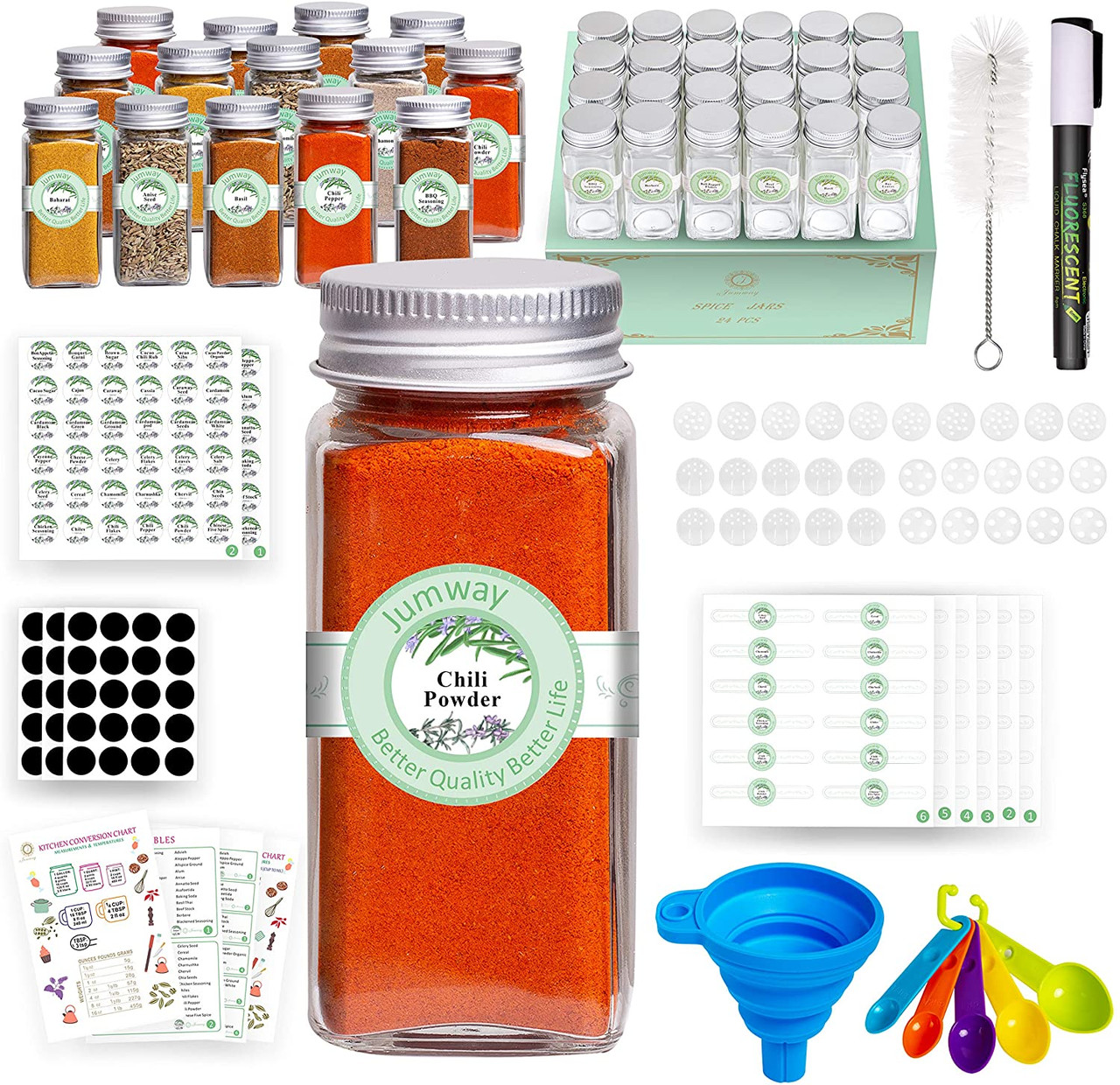 24 Pcs Glass Spice Jars with Spice & Pantry labels - 4oz Empty