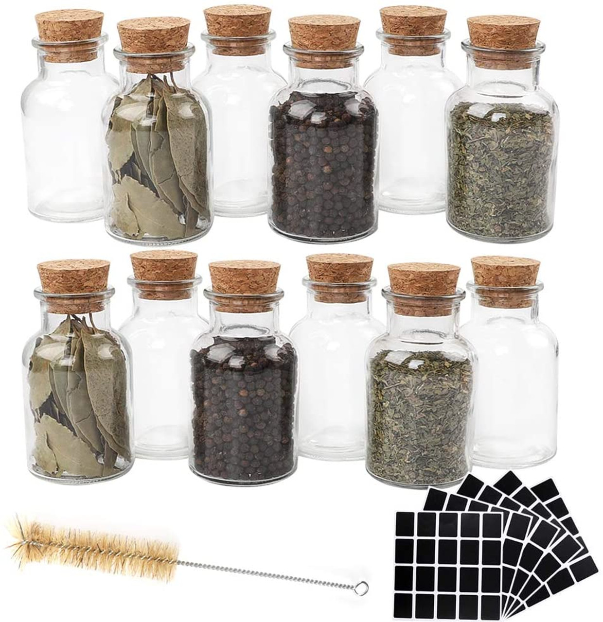 12pcs 150ml Glass Spice Jars Reusable Spice Jars Bottles Glass Containers with Cork 100pcs Blank Square Stickers 1pcs Test Tube Brush