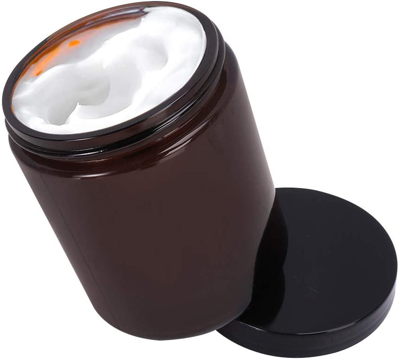 2 oz Round Amber Glass Jars, Bumobum 48 pack Cream Jars with Black Lids,  White Labels & Inner Liners, Empty Cosmetic Containers for Cream, Lotion 48  pack Amber