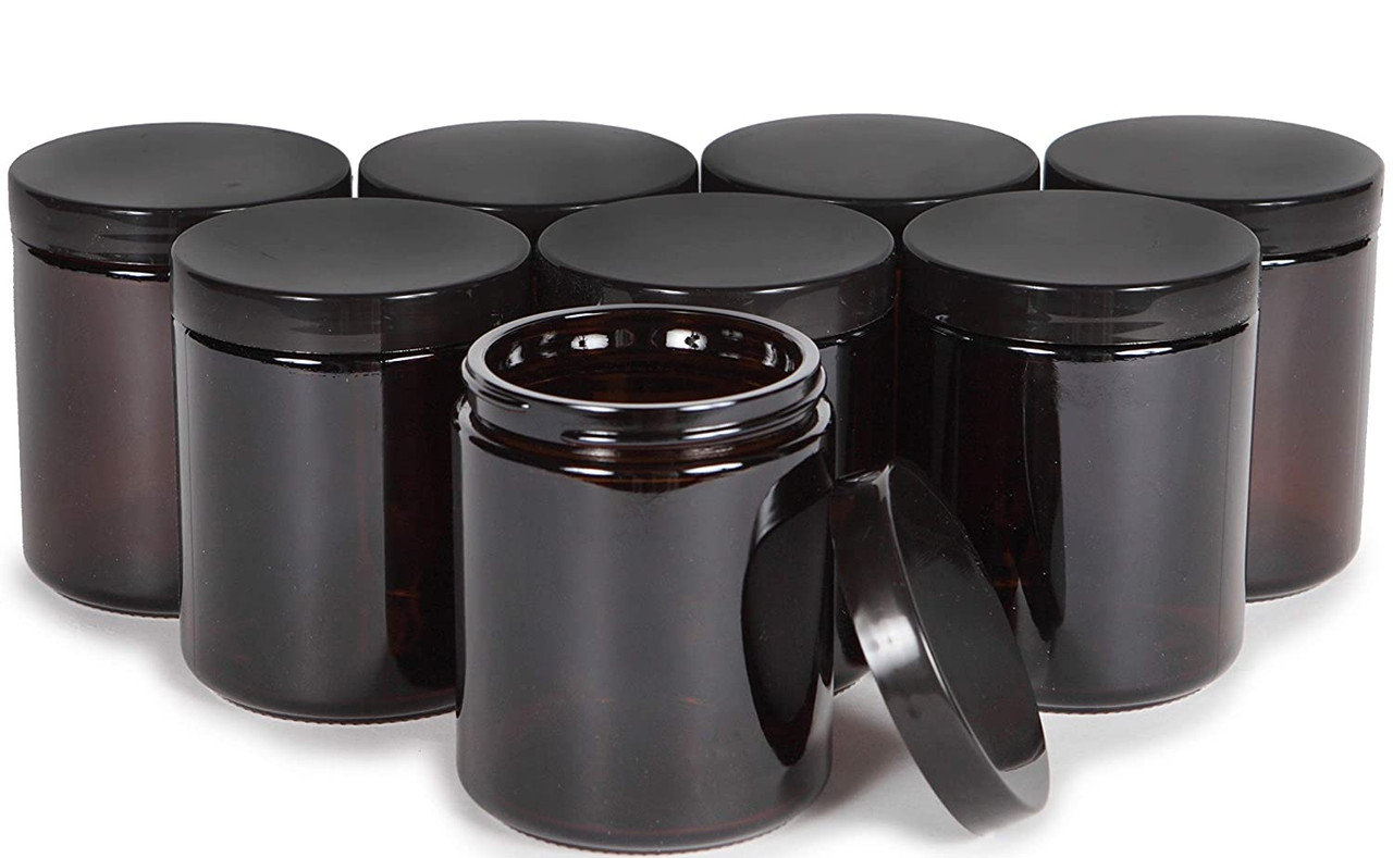 12 pack - Amber, 8 ounce, Round Glass Jars, with Black Lids, Jars for  Cosmetics and Face cream Lotion.