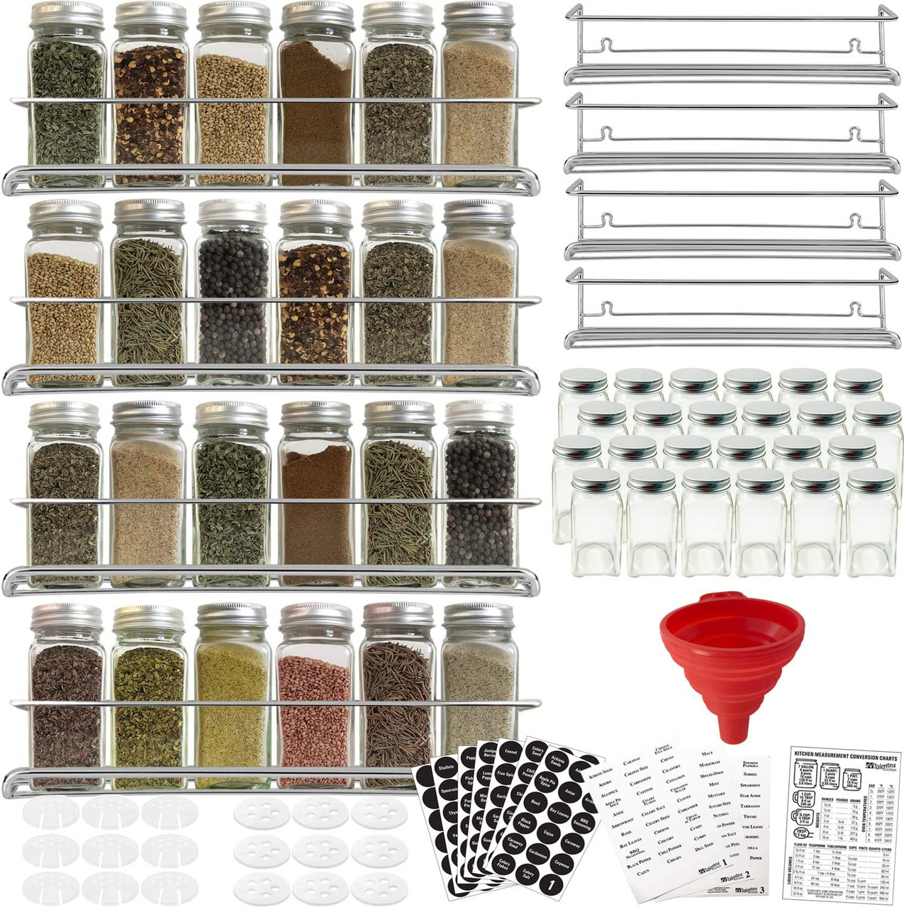 4 Spice Racks with 24 Glass Spice Jar 2 Types of Printed Spice