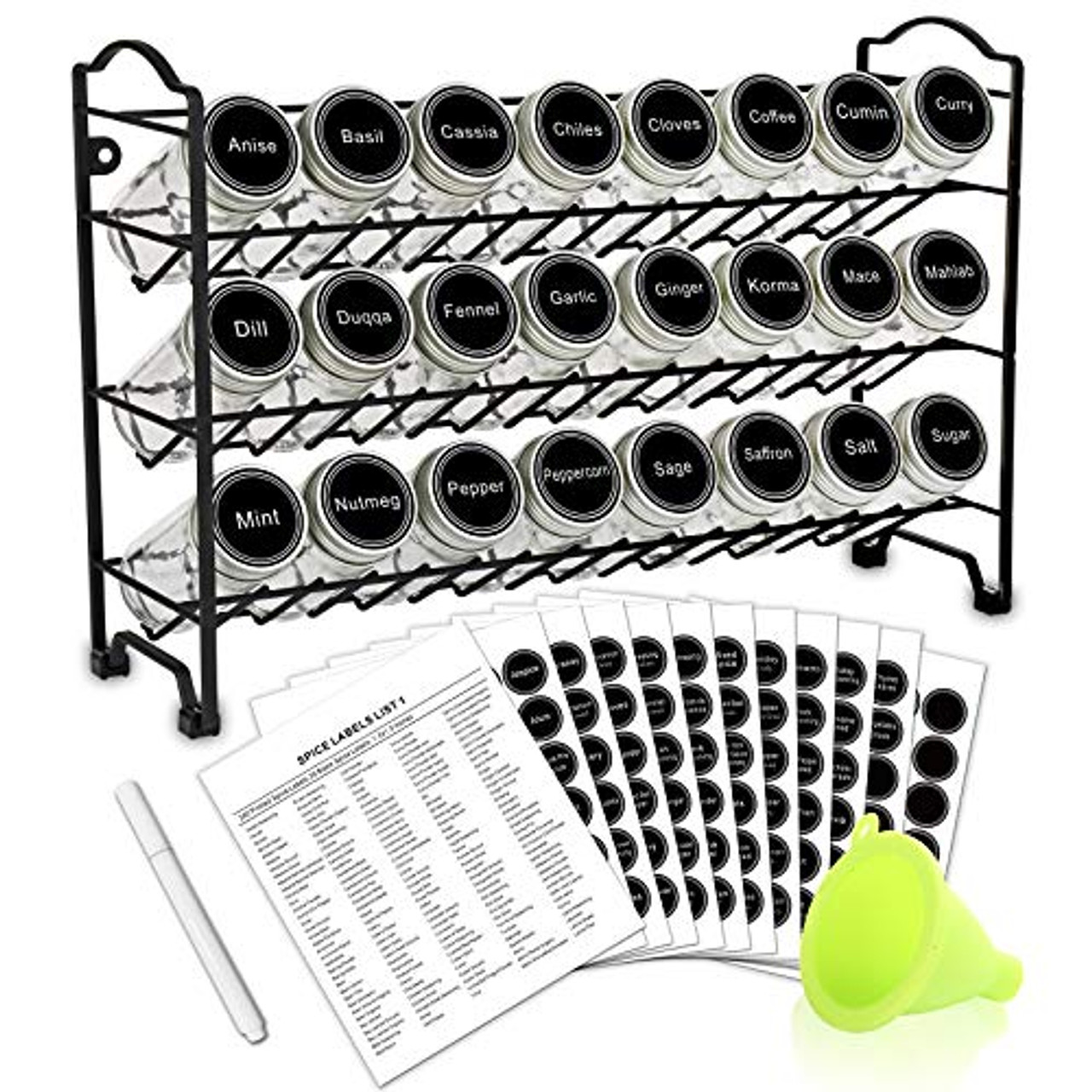 Talented Kitchen Spice Racks with 24 Glass Spice Jars & 2 Types of Printed  Spice Labels Complete Set: 2 Shelf Stainless Steel 3-Tier Racks, 24 Square