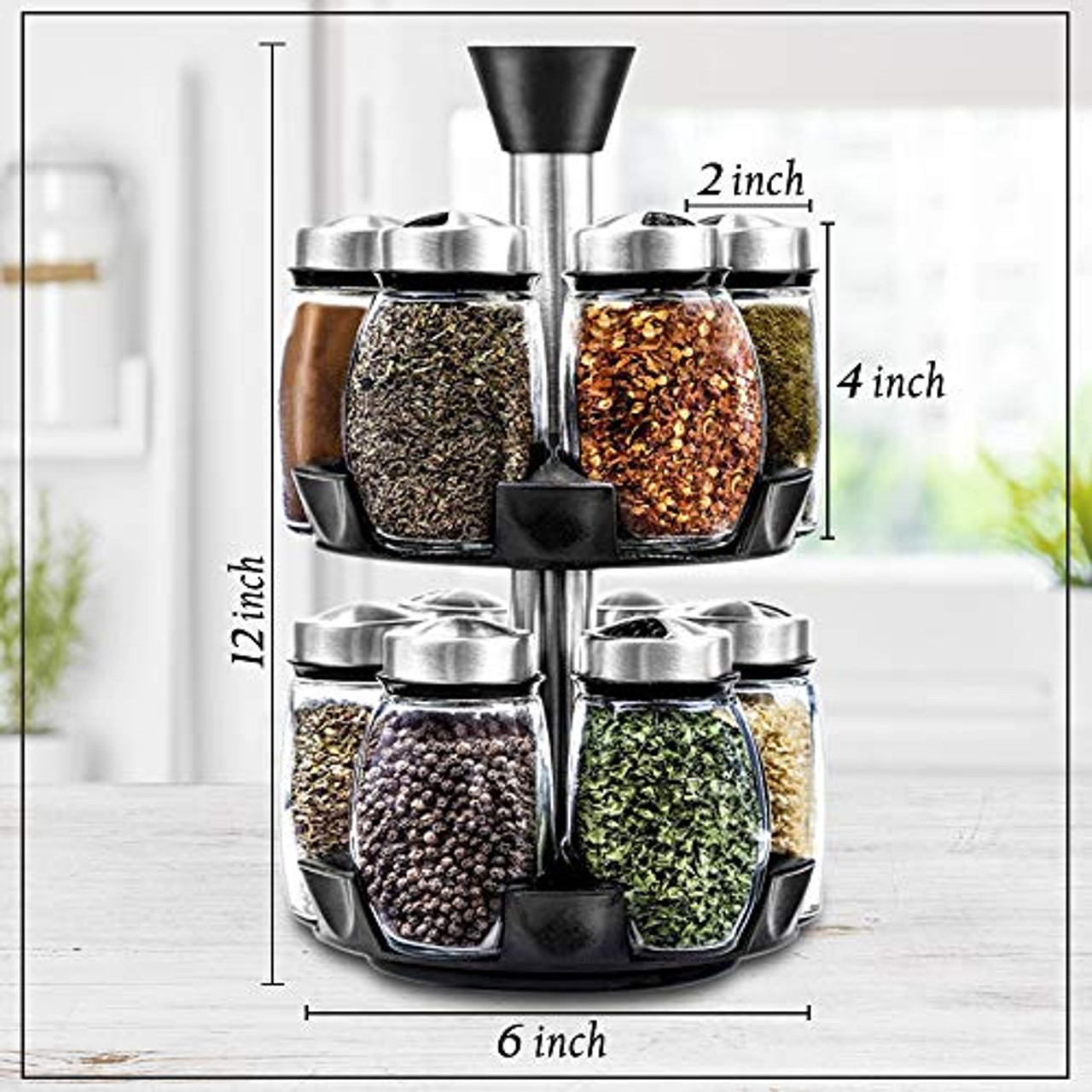 12 Jar Revolving Spice Rack Organizer Spinning Countertop Herb and Spice Rack Organizer with 12 Glass Jar Bottles Spices Not Included