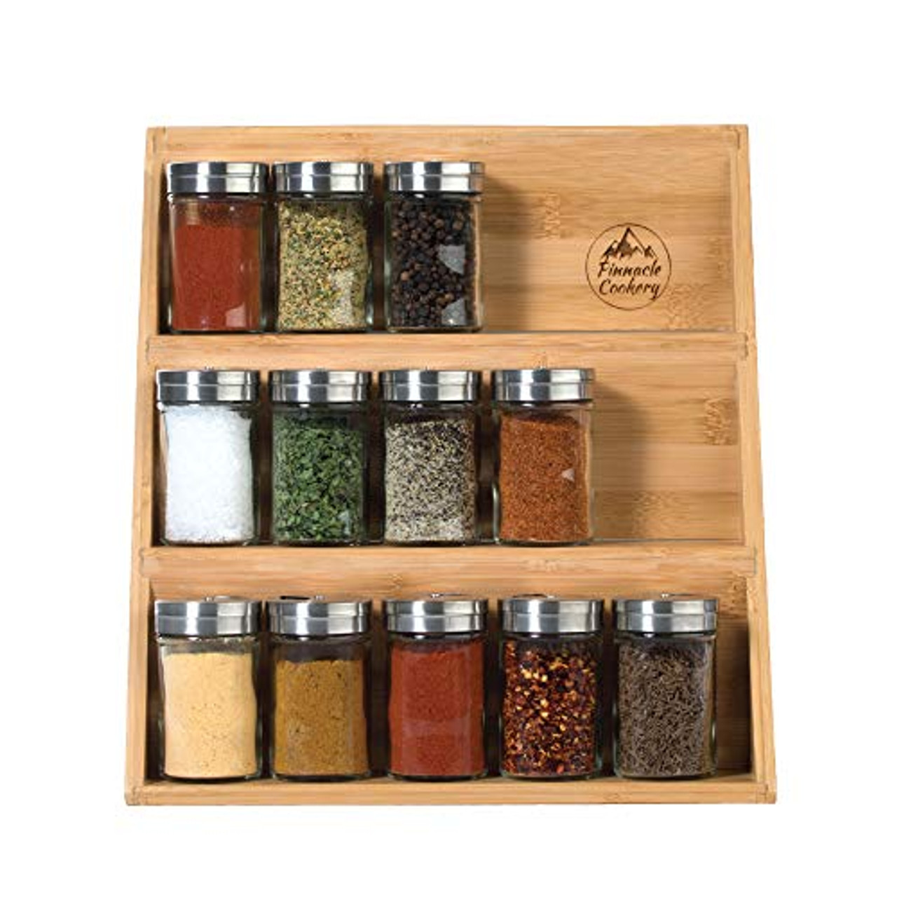 Wooden Spice Glass Jars Organizer - Expandable 3-Tier Shelf