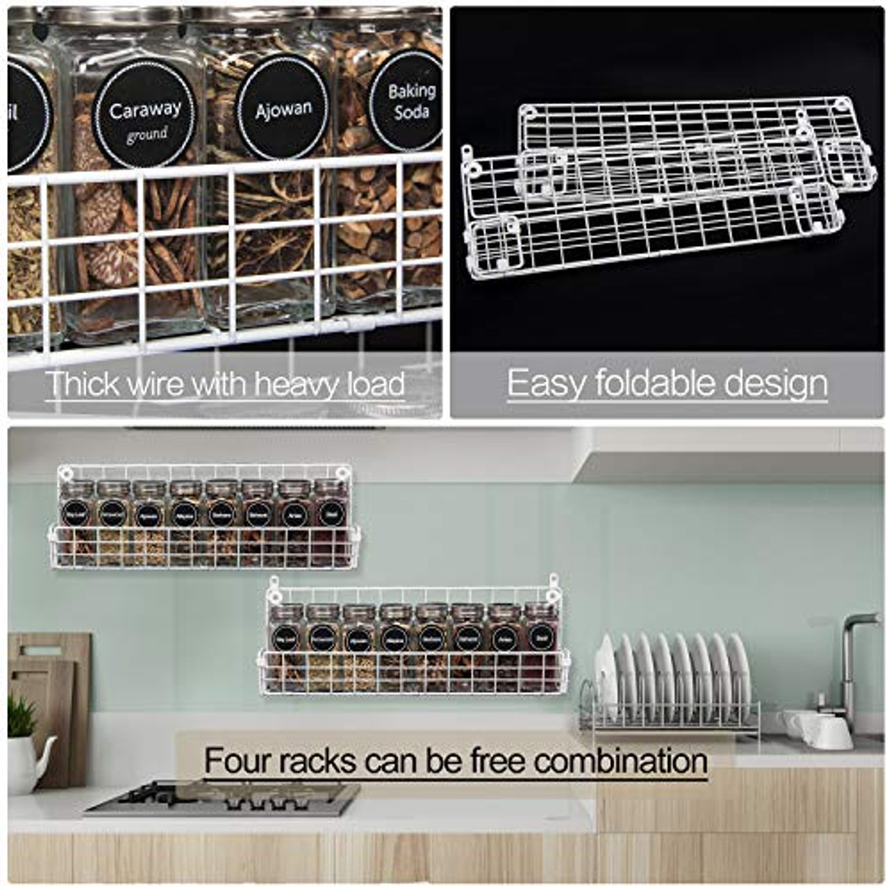 Spice Racks Organizer Wall Mounted 4-Tier Stackable Iron Wire