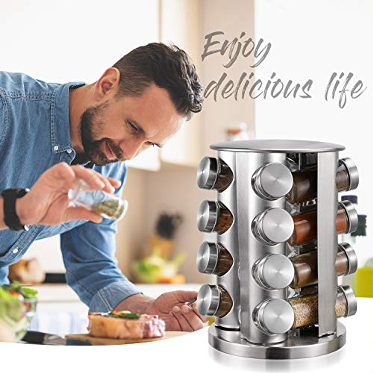 Spice Rack kitchen rack with 16 Set of Spice Jars Round Stainless Steel Spice Rack Revolving Countertop Spice Rack tower