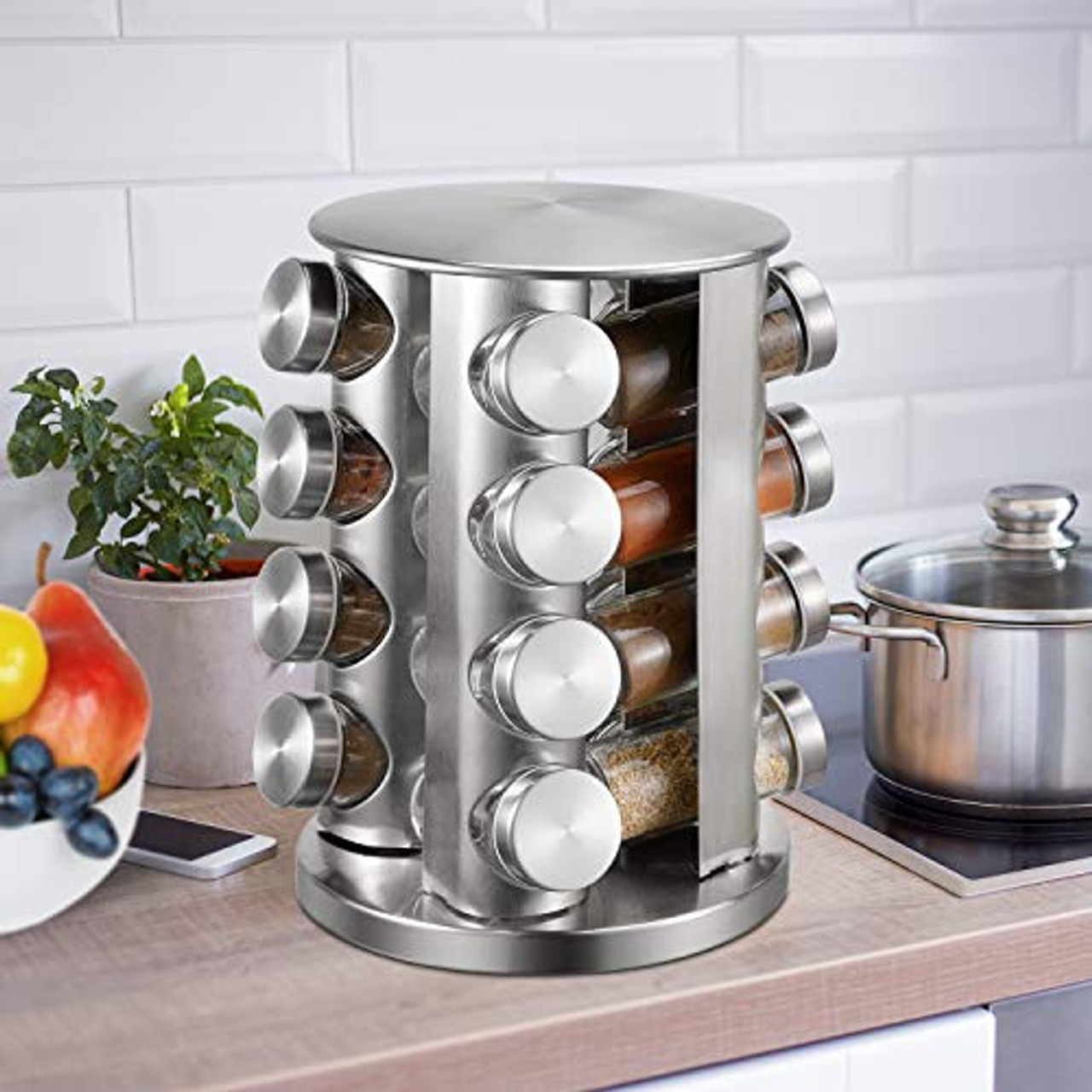 Spinning Spice Rack Organizer For Countertop - 16 Empty Jars