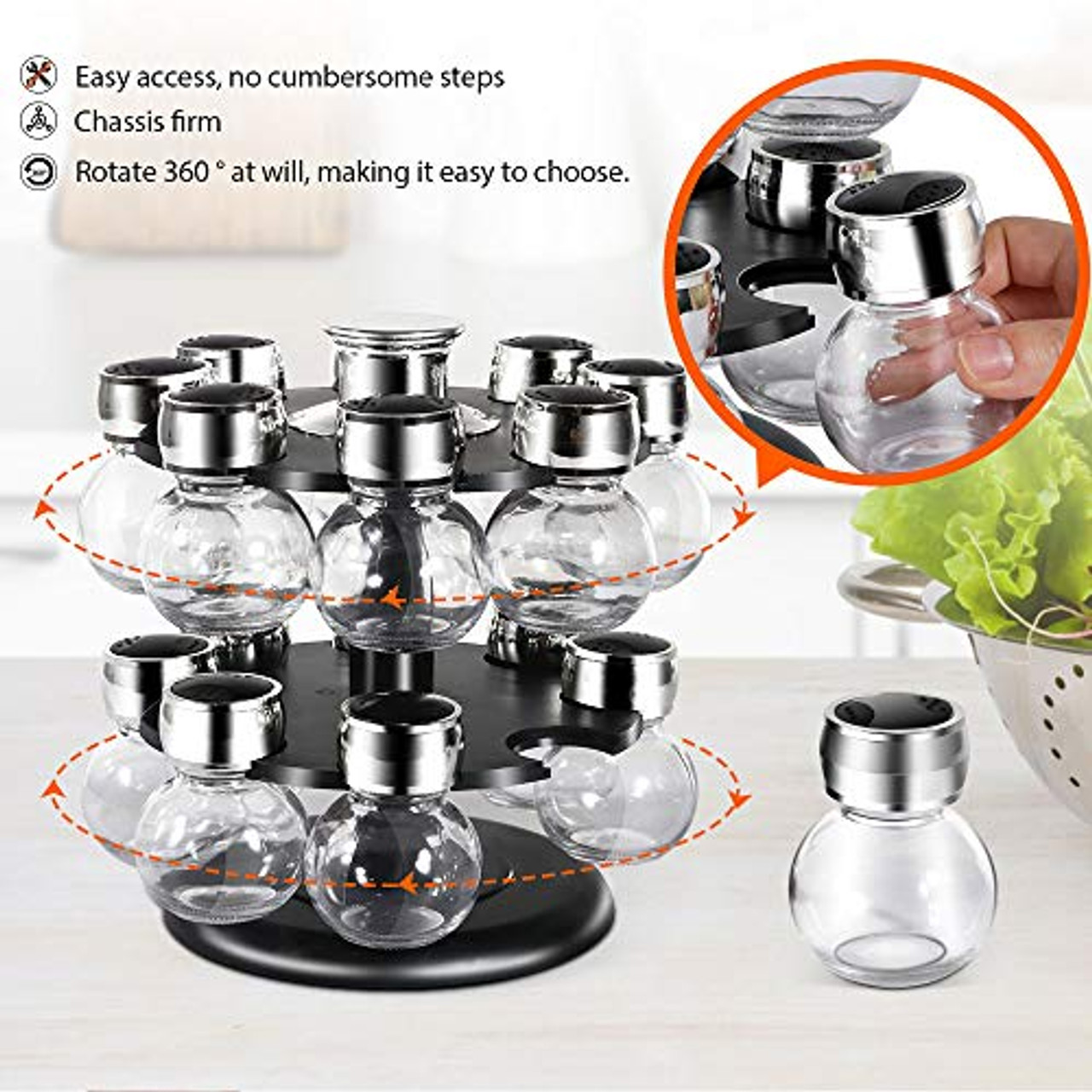 16 Jar Ellington Revolving Countertop Spice Rack with Lift Pour Caps and Spices Included FREE Spice Refills for 5 Years Black and Chrome