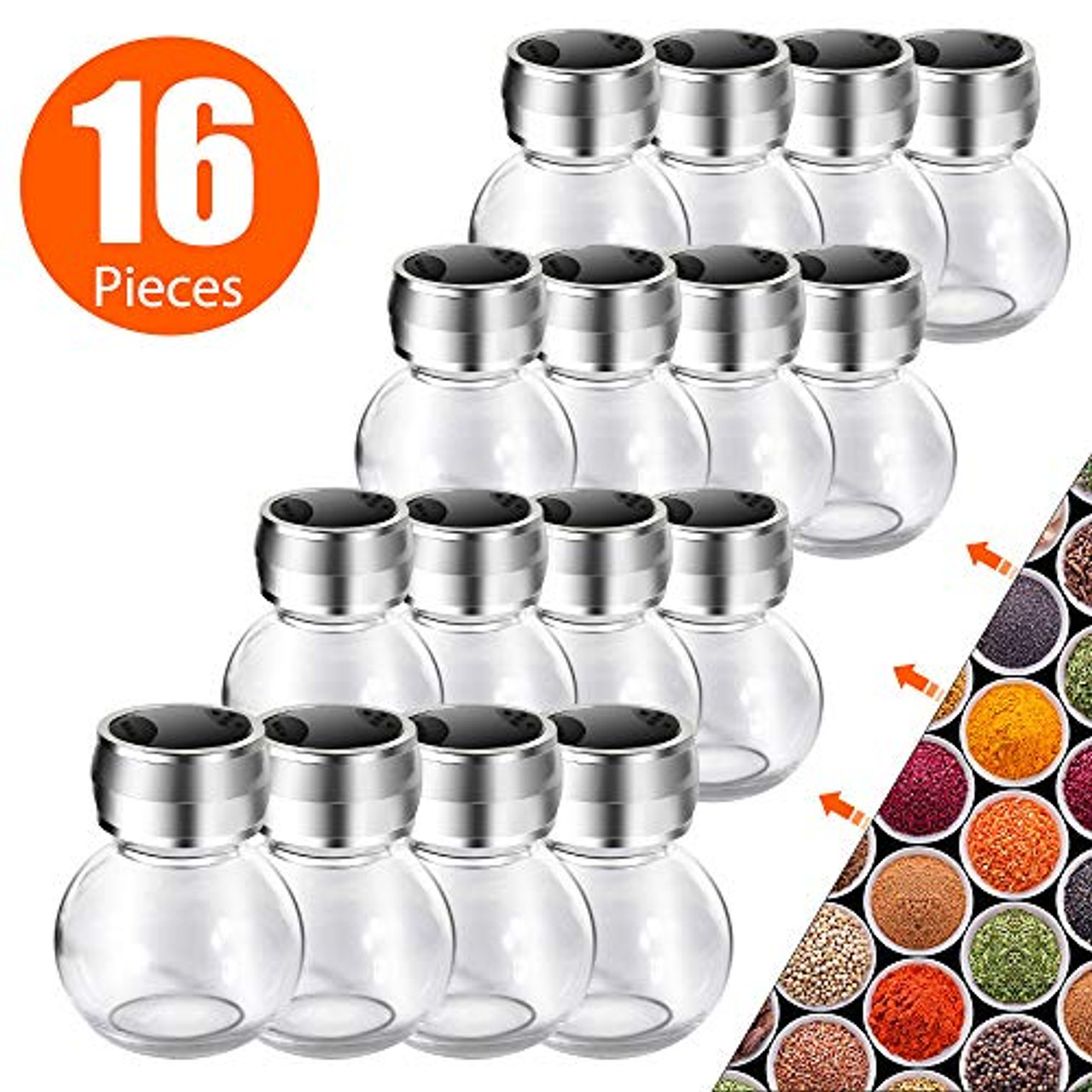 16 Jar Ellington Revolving Countertop Spice Rack with Lift Pour Caps and Spices Included FREE Spice Refills for 5 Years Black and Chrome