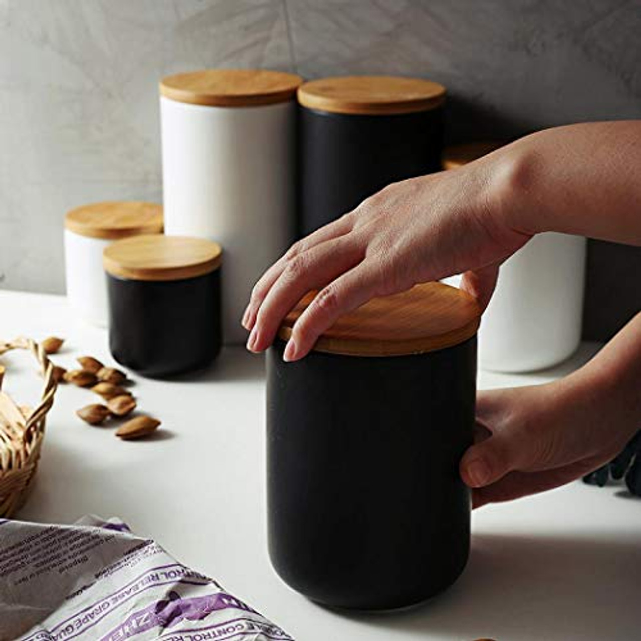 Modern frosted ceramic candle jars with wood