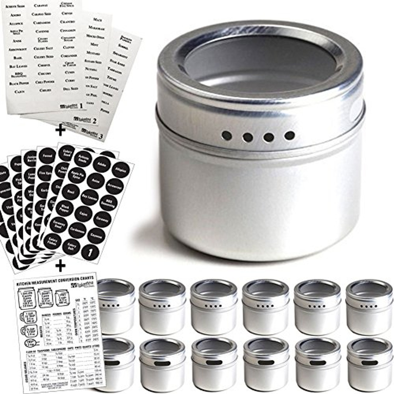 12 Magnetic Spice Tins and 2 Types of Spice Labels. 12 Storage