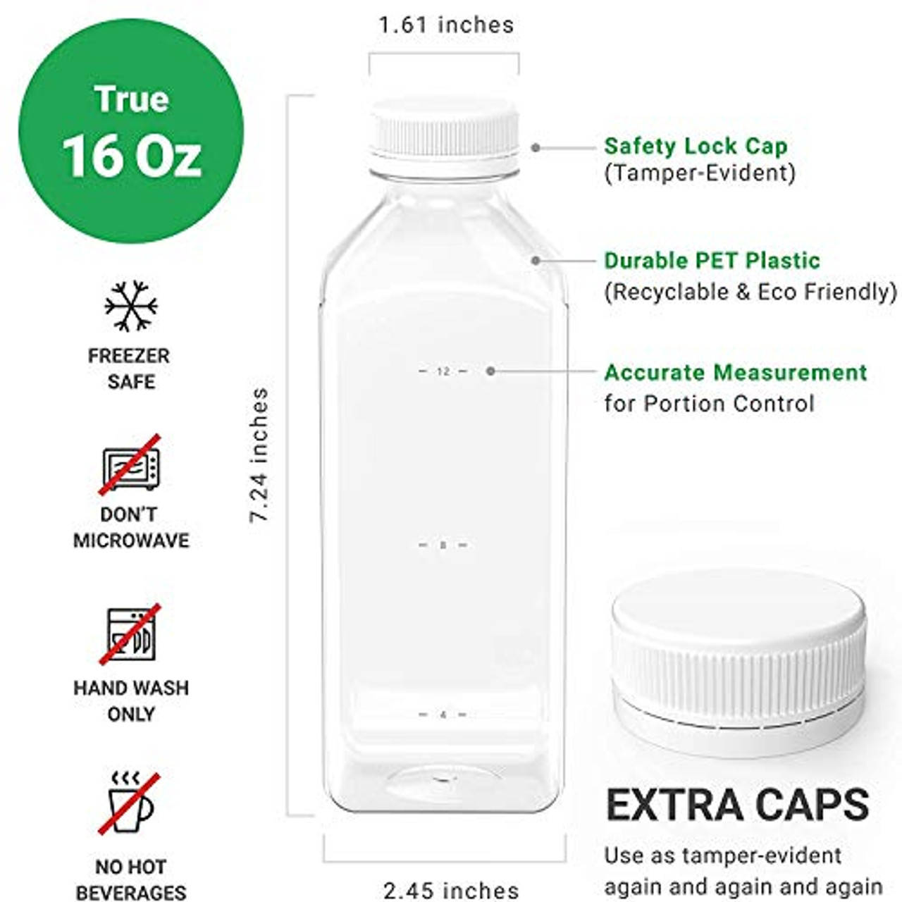 16 oz Plastic Juice Bottles with Caps Lids - Smoothie Bottles